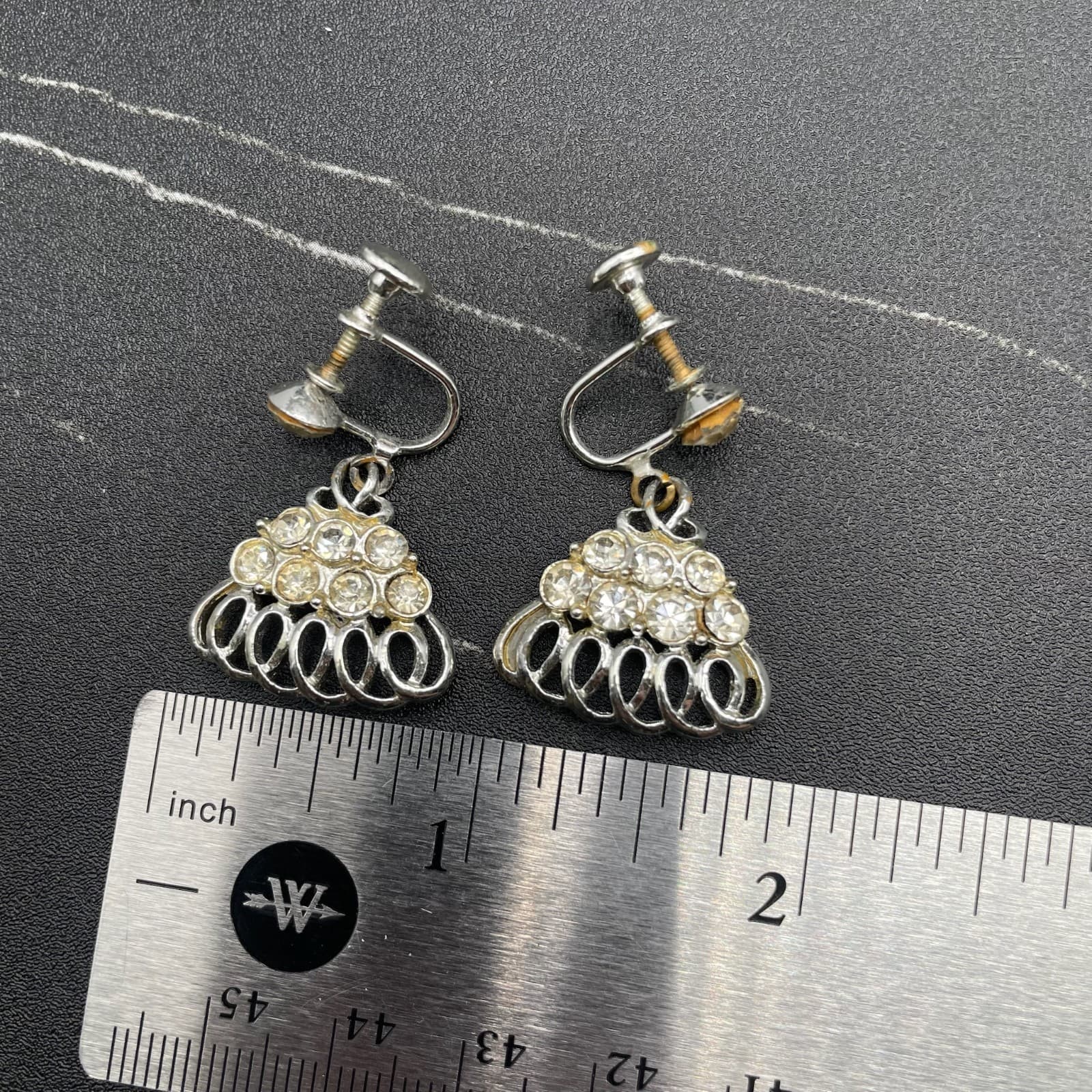 Silver Tone Rhinestone Loop Fan Dangle Earrings Vintage Glam - Thumbnail 10