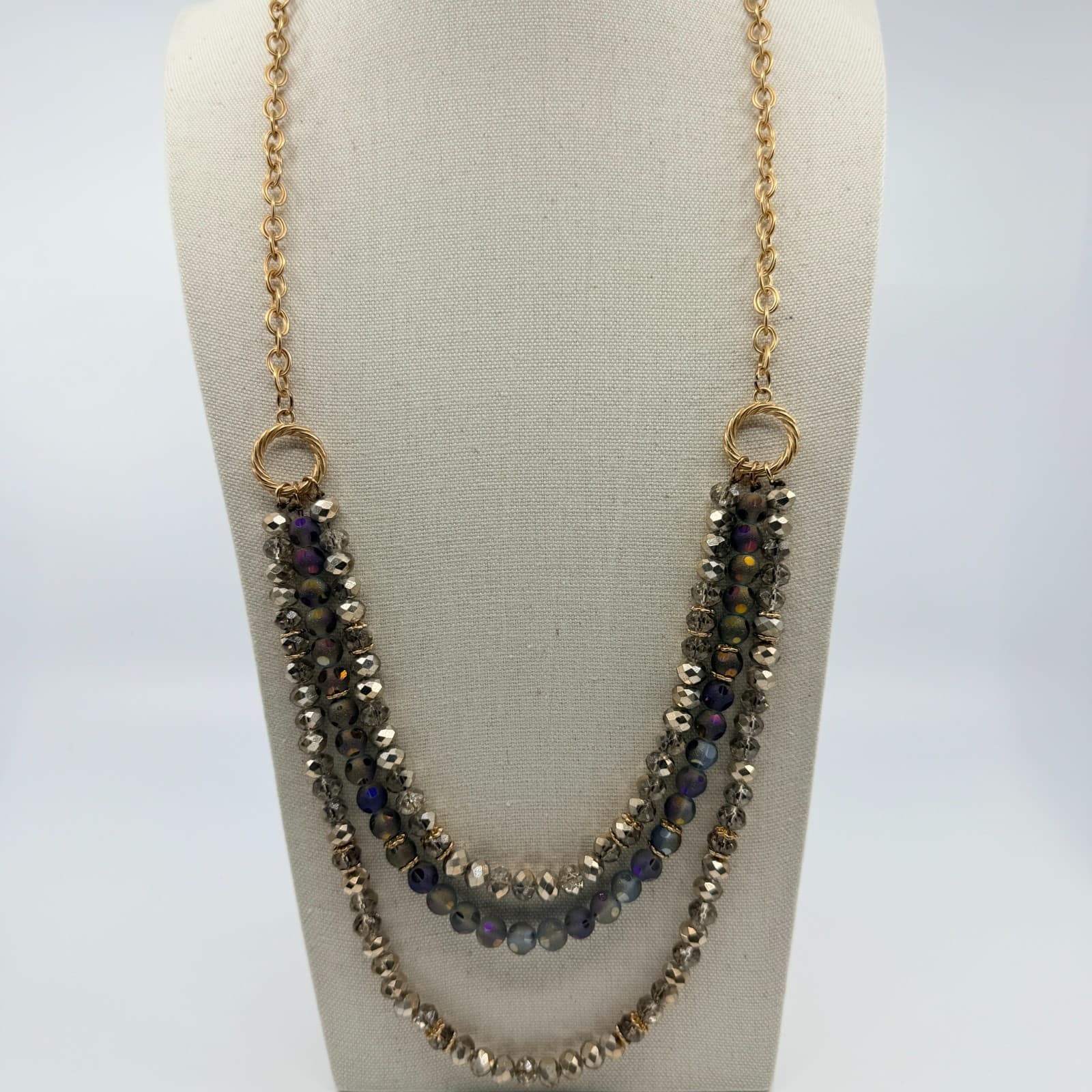Necklace Vintage Gold Tone Triple Strand Faceted Crystal Bead Iridescent Retro - Thumbnail 6
