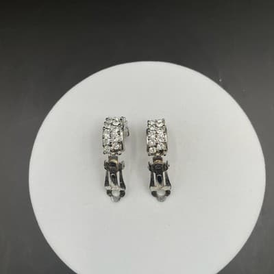 Vintage Rhinestone Clip-On Earrings Silver Tone Classic Sparkle - Thumbnail 11
