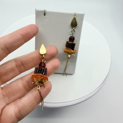 Earrings Vintage Gold Tone Dangle Amber Color Bead Long Tassel Fringe Boho 90s - Thumbnail 7