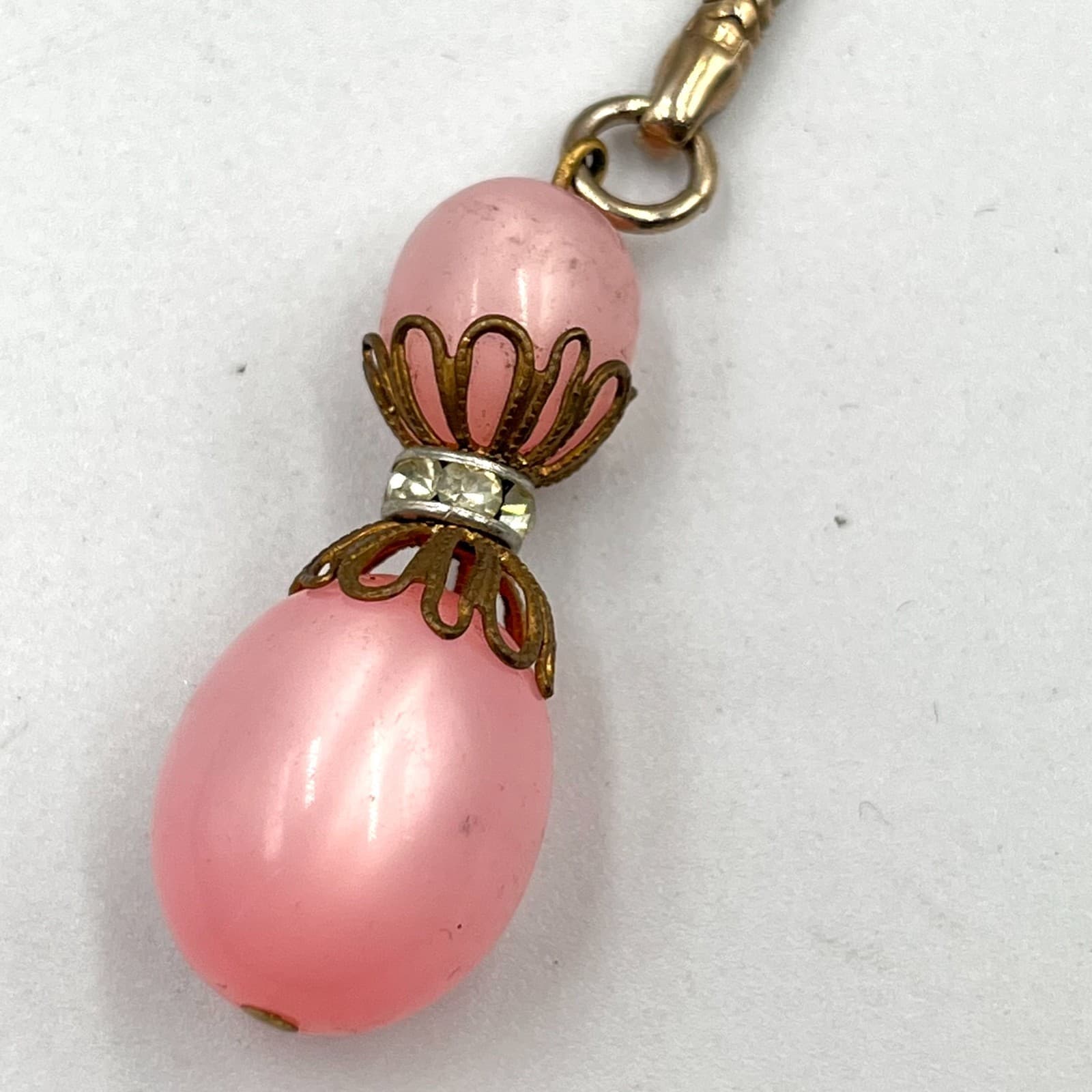 Vintage Retro Pink Moonglow Bead Keychain Gold Tone Snake Chain Rhinestone - Thumbnail 4