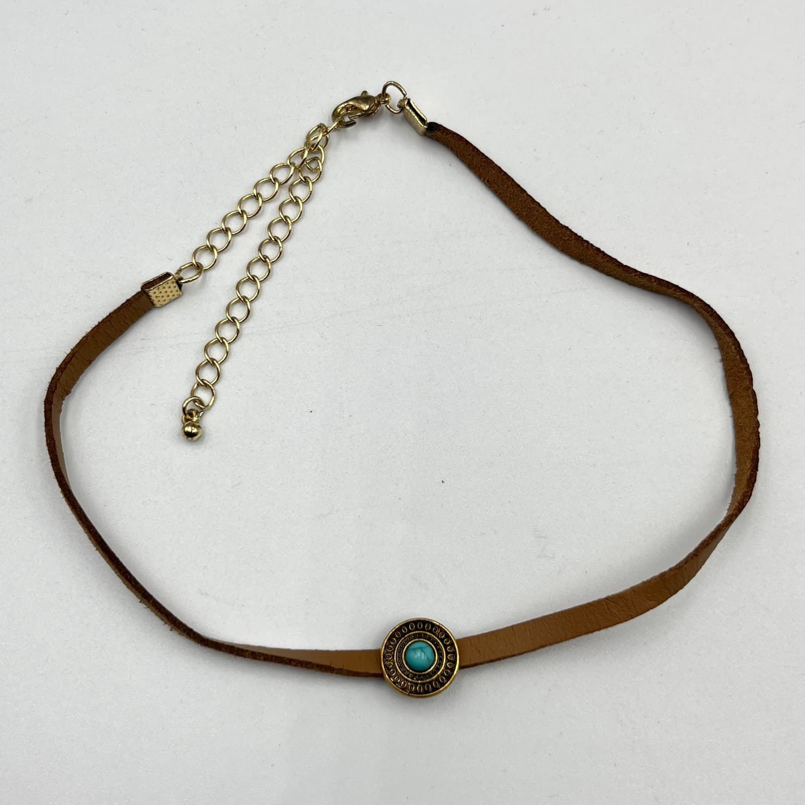 Vintage Boho Brown Faux Leather Choker Necklace Turquoise Stone Gold Tone 80s - Thumbnail 2
