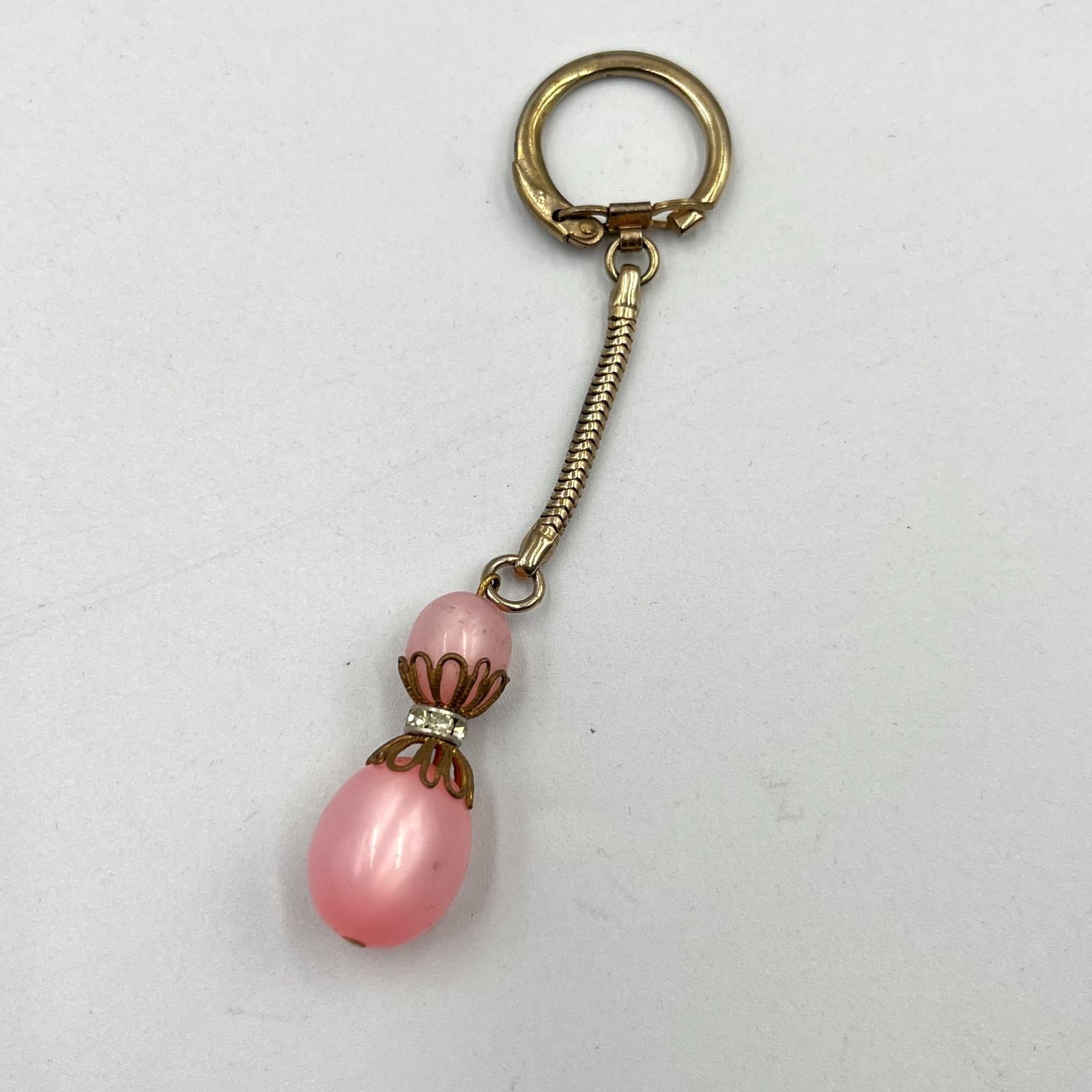 Vintage Retro Pink Moonglow Bead Keychain Gold Tone Snake Chain Rhinestone - Thumbnail 2