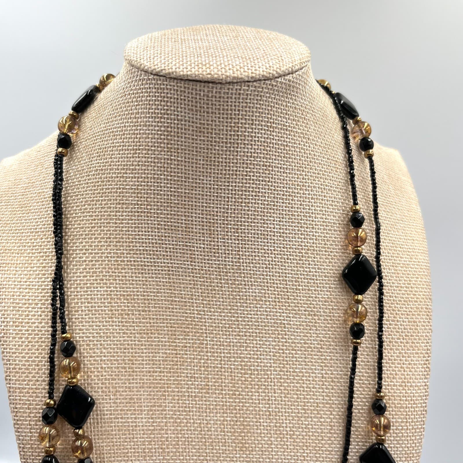 Vintage Retro Black and Amber Toned Beaded Long Strand Layering Necklace Y2K - Thumbnail 3