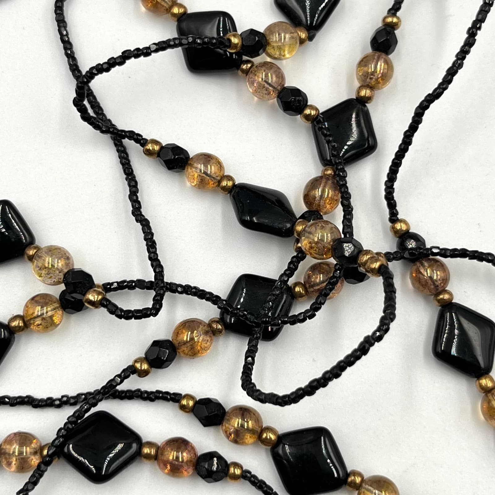 Vintage Retro Black and Amber Toned Beaded Long Strand Layering Necklace Y2K - Thumbnail 2