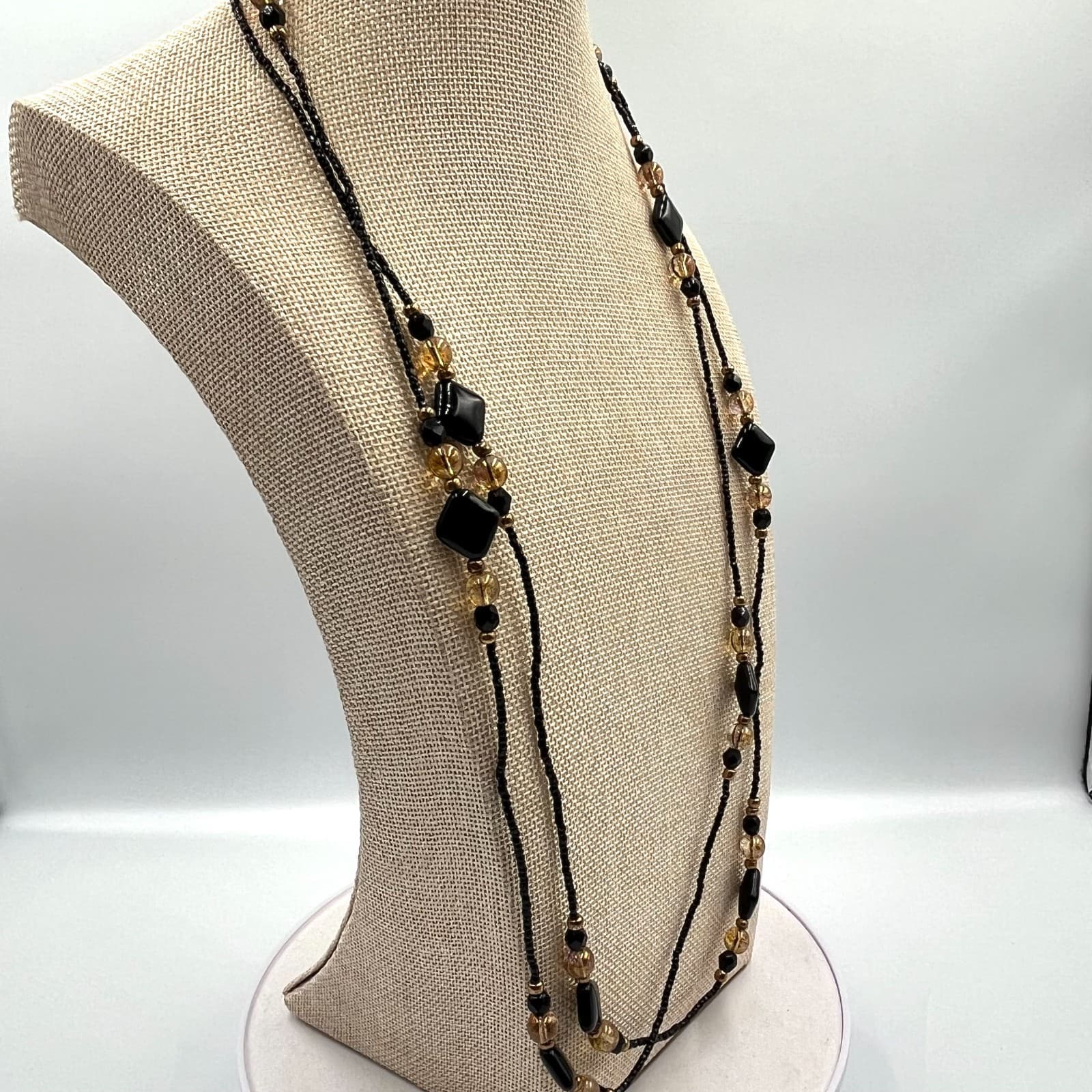 Vintage Retro Black and Amber Toned Beaded Long Strand Layering Necklace Y2K - Thumbnail 4