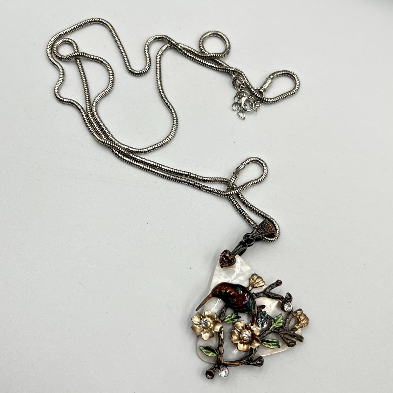 VTG Style MOP Hummingbird Necklace Rhinestone Enamel Pendant, 32" Snake Chain - Thumbnail 3