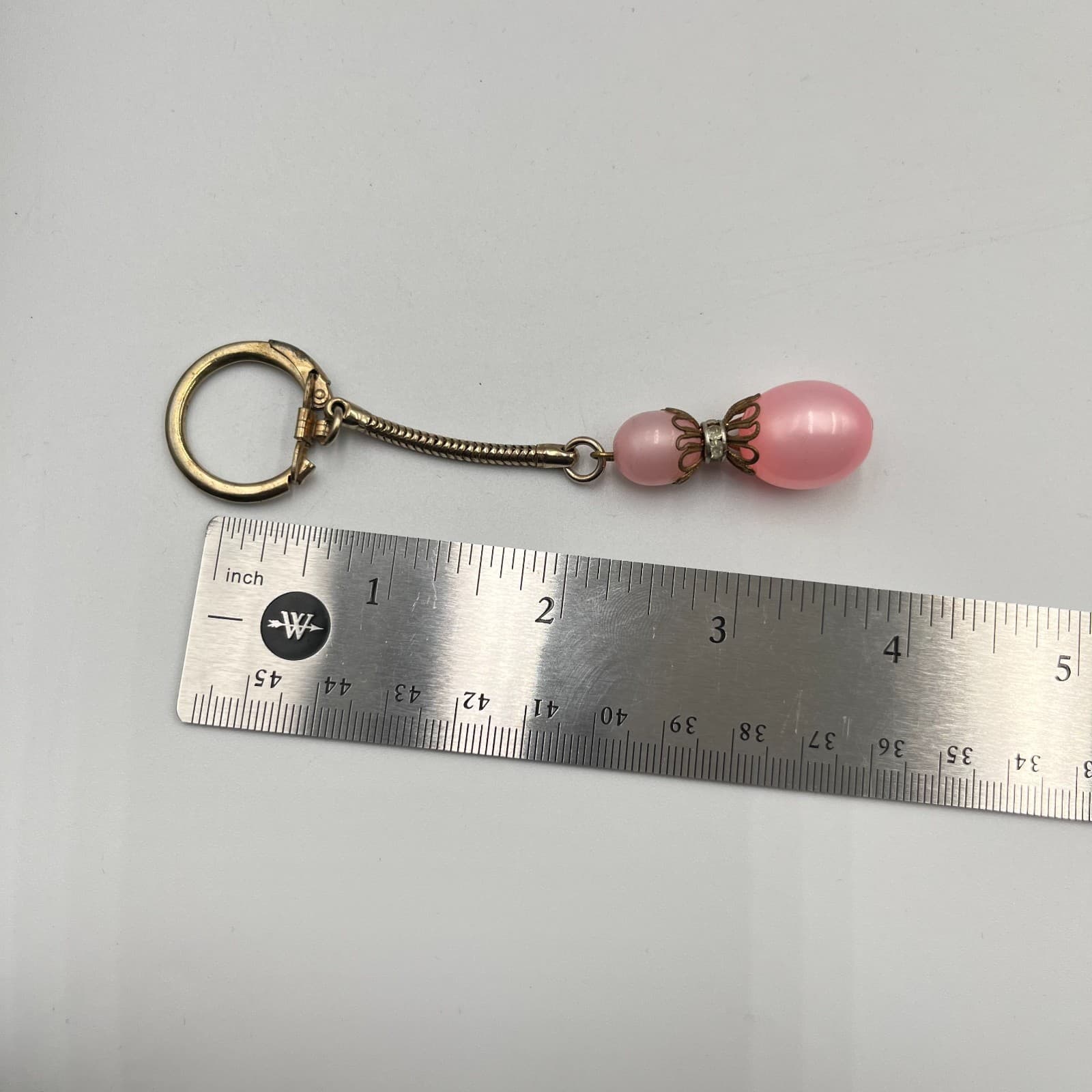 Vintage Retro Pink Moonglow Bead Keychain Gold Tone Snake Chain Rhinestone - Thumbnail 6