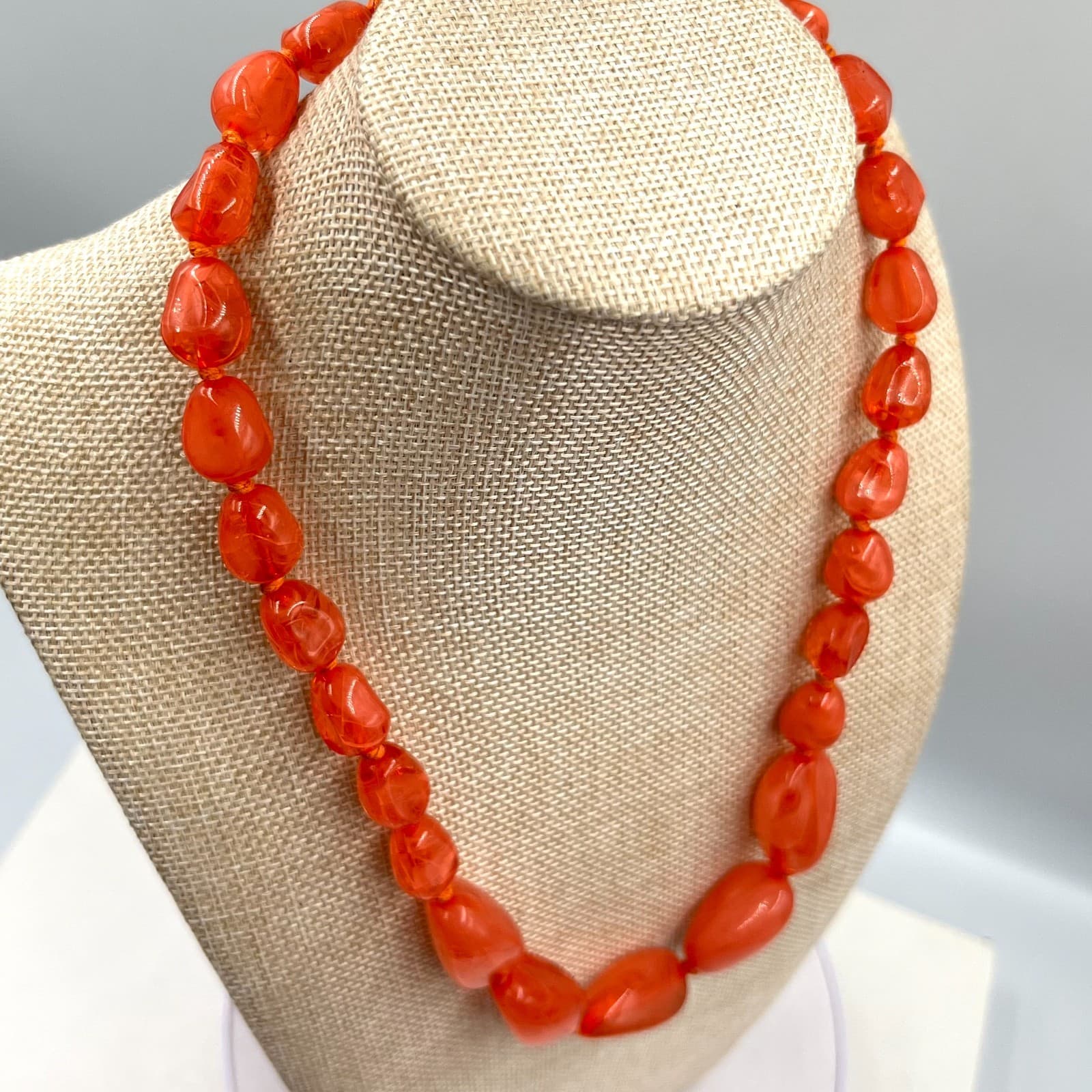 Vintage Retro Orange Marbled Resin Chunky Bead Necklace Boho Statement Classic - Thumbnail 6