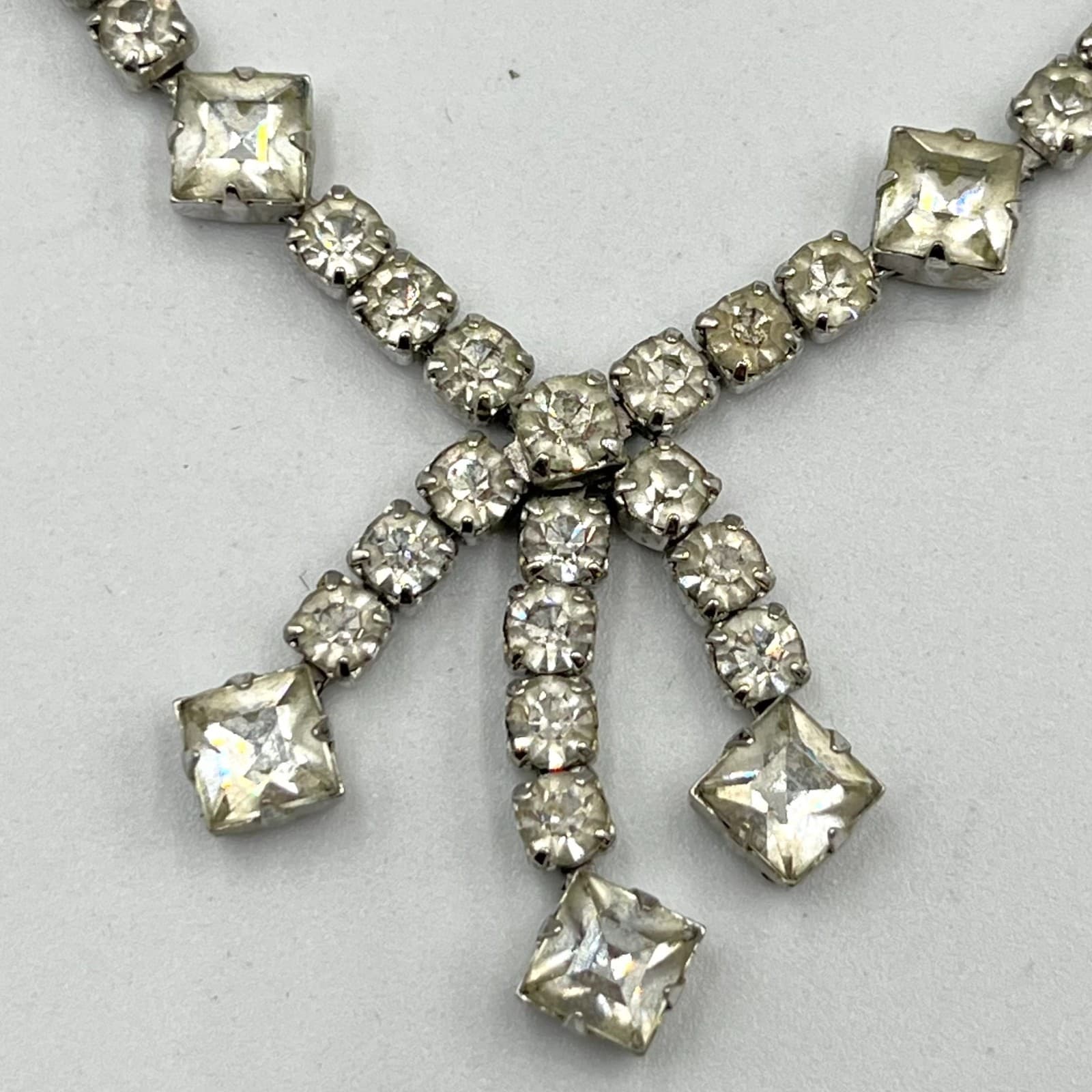 Vintage MCM Rhinestone Fringe Choker Necklace Silver Tone Art Deco Style Classic - Thumbnail 3