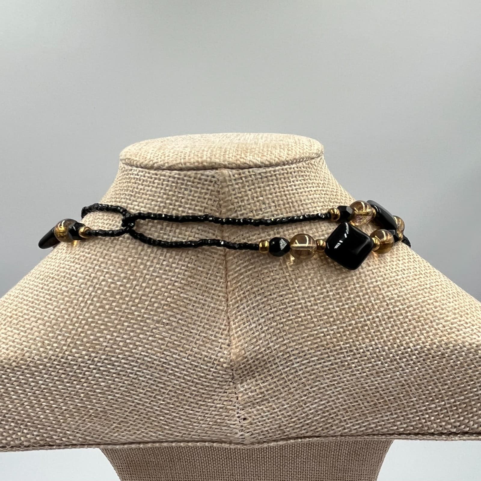 Vintage Retro Black and Amber Toned Beaded Long Strand Layering Necklace Y2K - Thumbnail 5