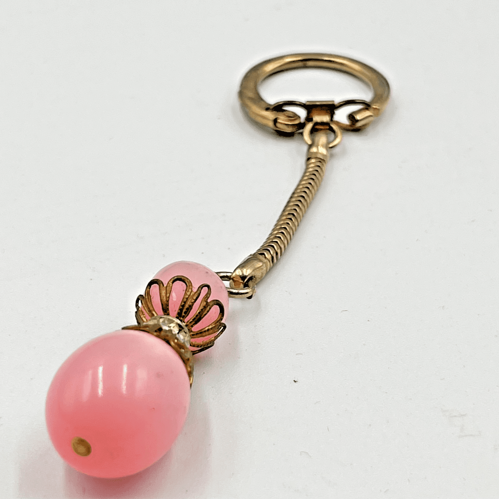 Vintage Retro Pink Moonglow Bead Keychain Gold Tone Snake Chain Rhinestone