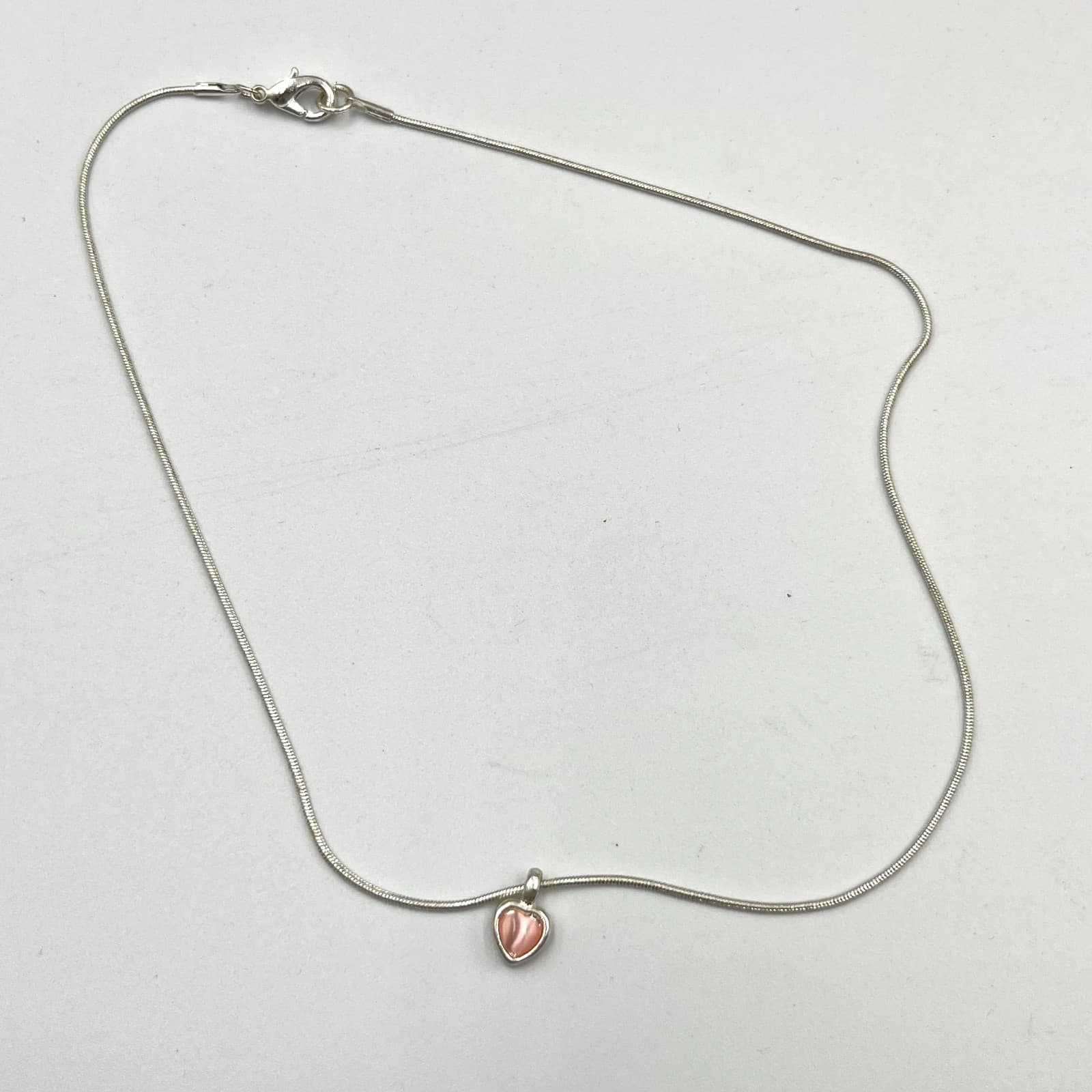 Vintage Y2K Pink Cat’s Eye Heart Pendant Silver Tone Snake Chain Necklace 16" - Thumbnail 2