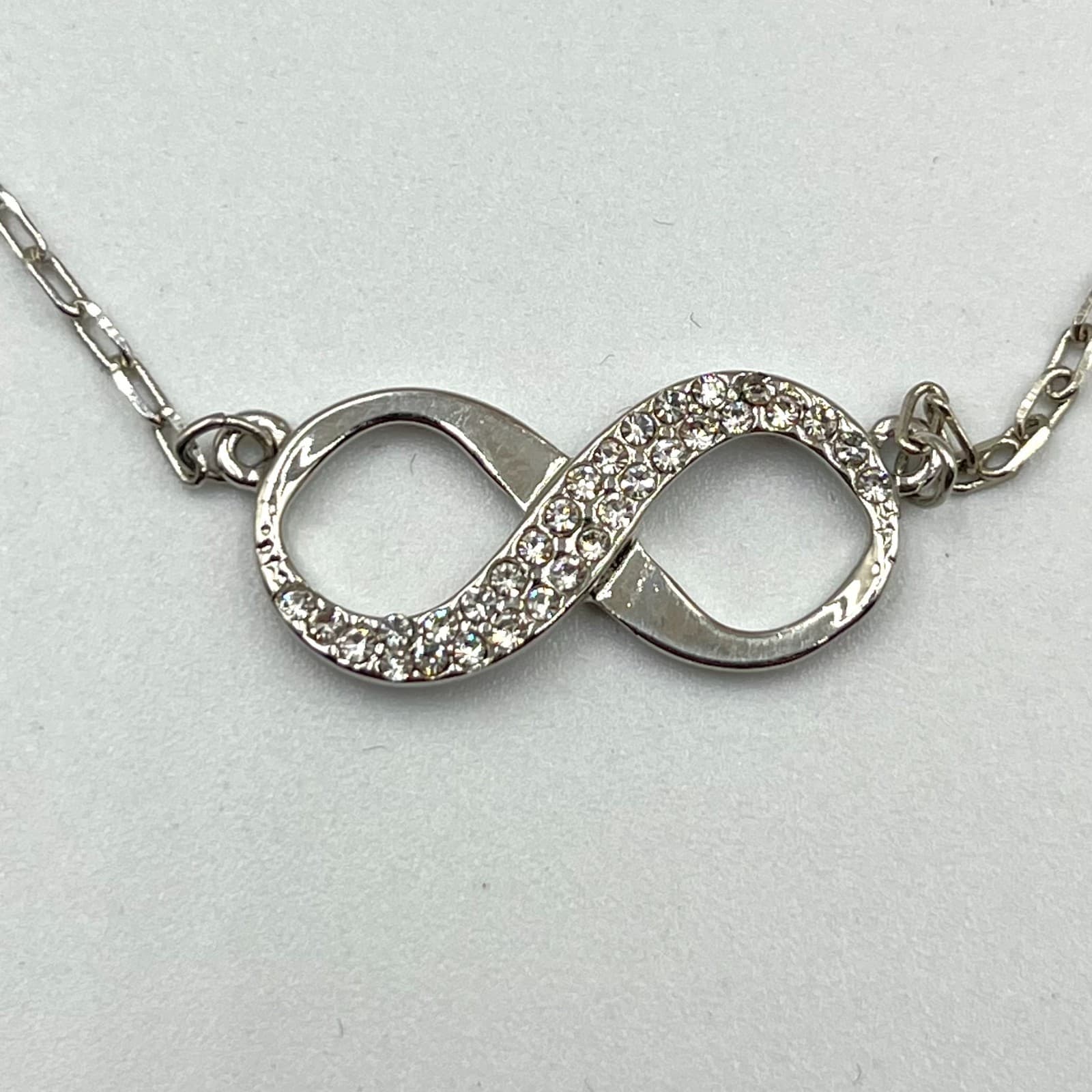 Modern Silver Tone Infinity Pendant Necklace Pave Crystal Symbol Retro Style - Thumbnail 4