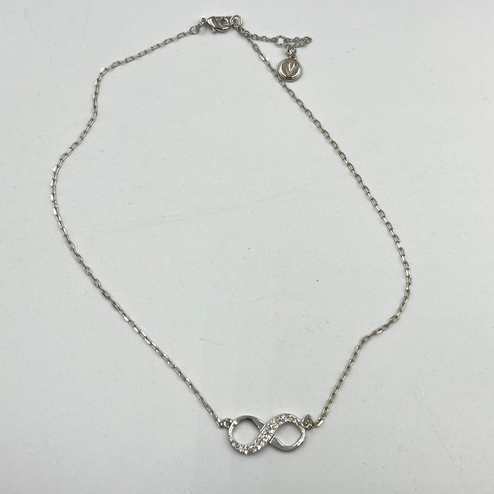 Modern Silver Tone Infinity Pendant Necklace Pave Crystal Symbol Retro Style - Thumbnail 2