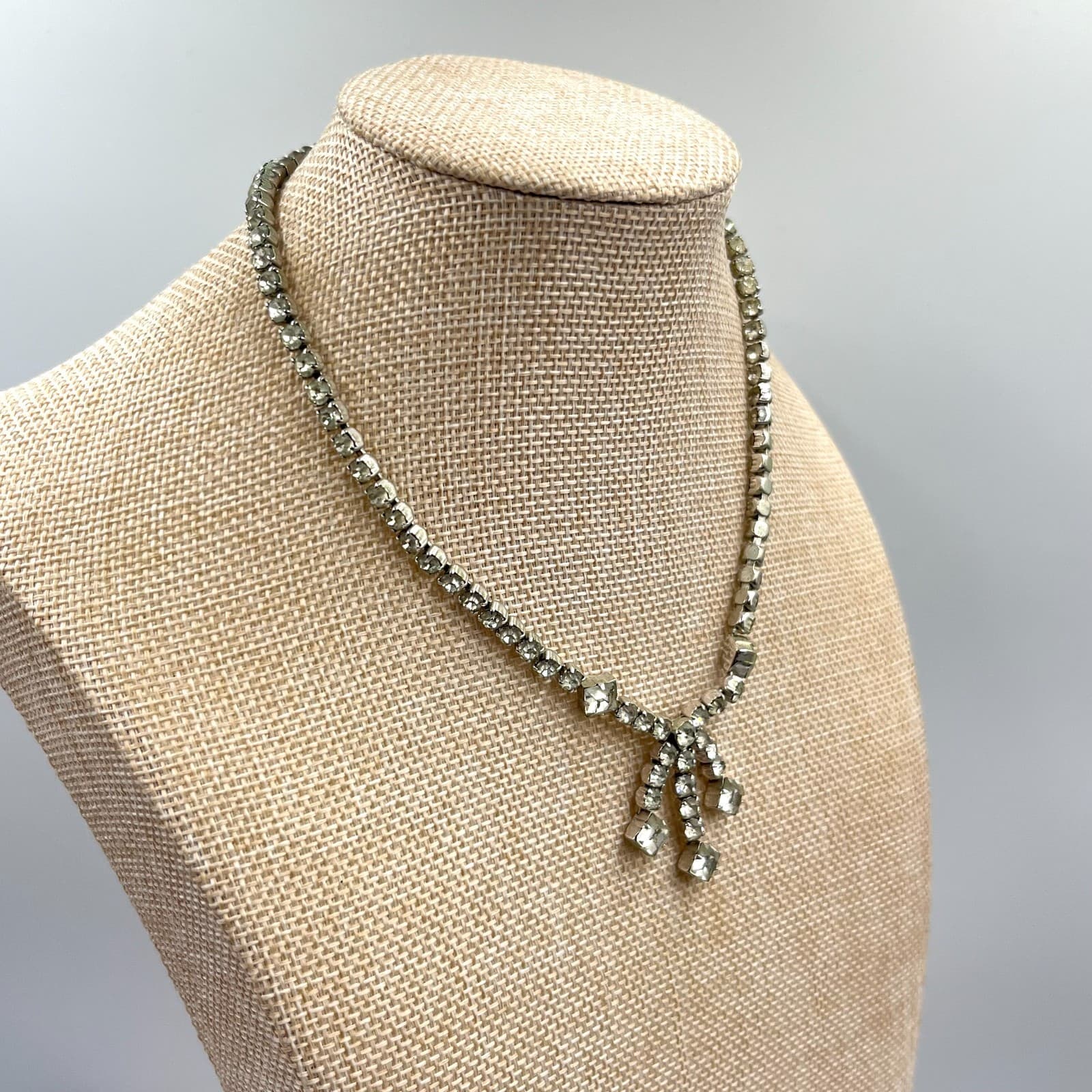 Vintage MCM Rhinestone Fringe Choker Necklace Silver Tone Art Deco Style Classic - Thumbnail 6