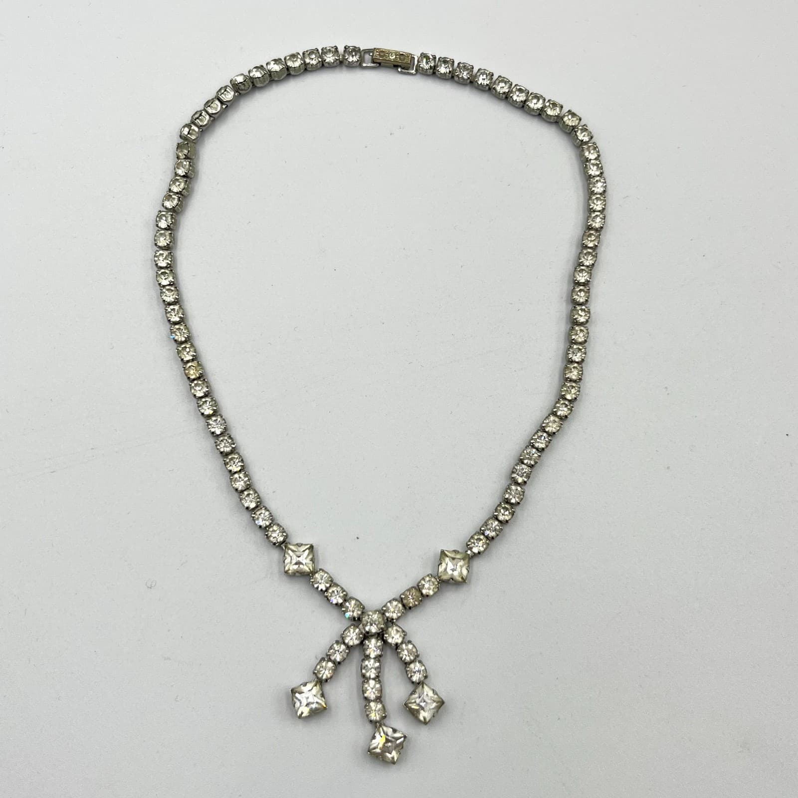 Vintage MCM Rhinestone Fringe Choker Necklace Silver Tone Art Deco Style Classic - Thumbnail 2