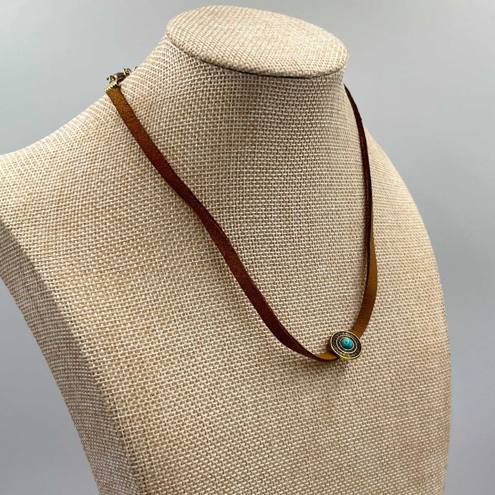 Vintage Boho Brown Faux Leather Choker Necklace Turquoise Stone Gold Tone 80s - Thumbnail 6