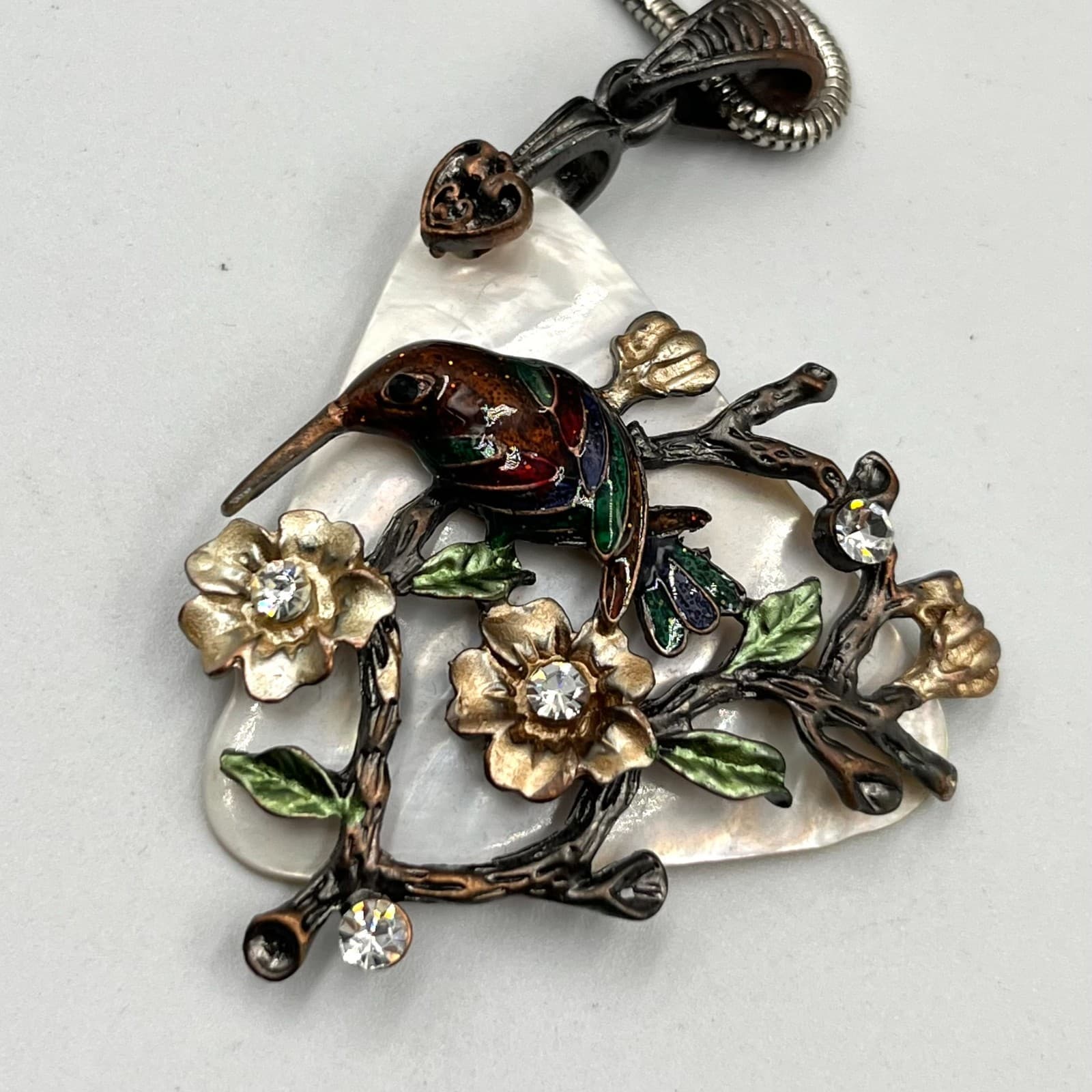 VTG Style MOP Hummingbird Necklace Rhinestone Enamel Pendant, 32" Snake Chain - Thumbnail 4