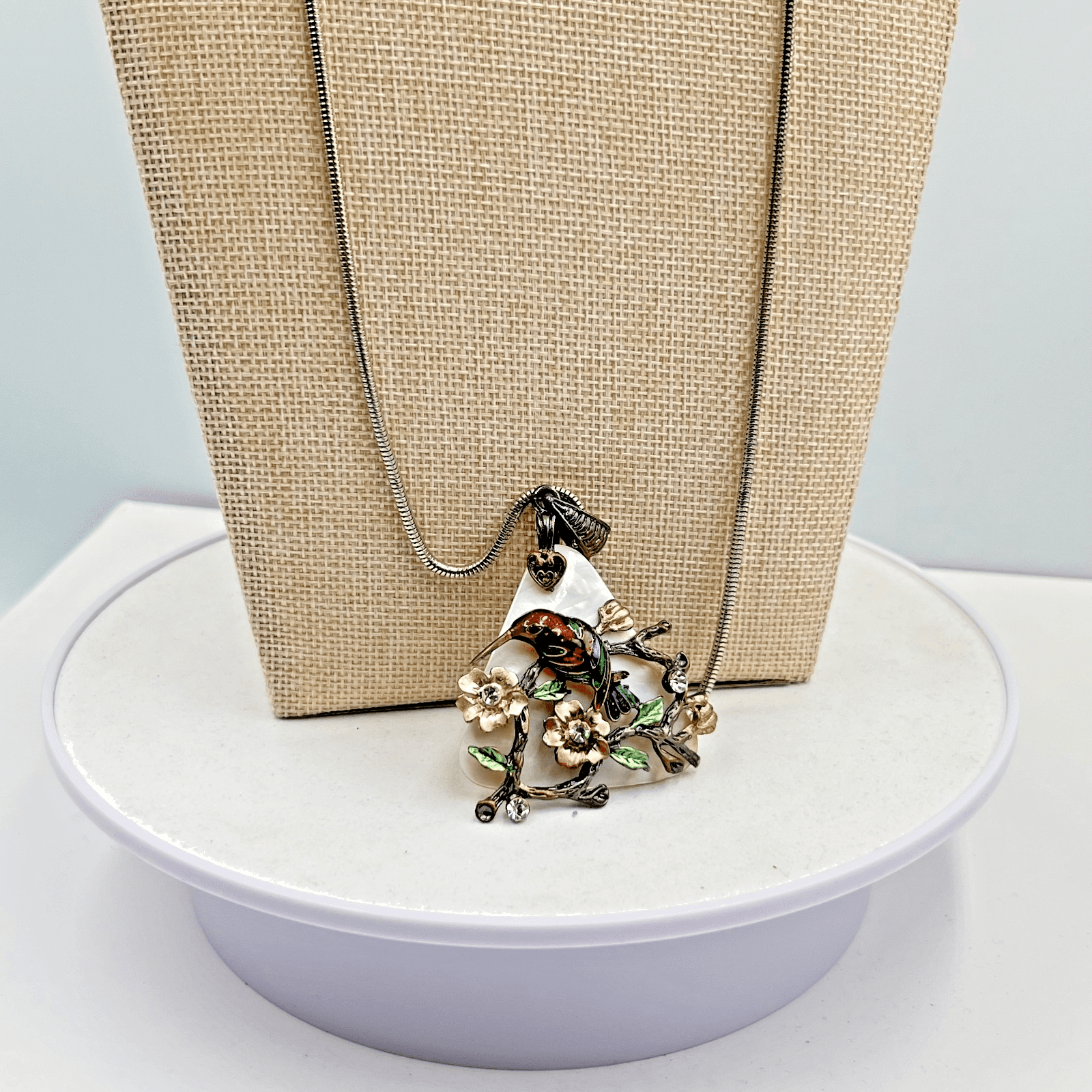 VTG Style MOP Hummingbird Necklace Rhinestone Enamel Pendant, 32" Snake Chain