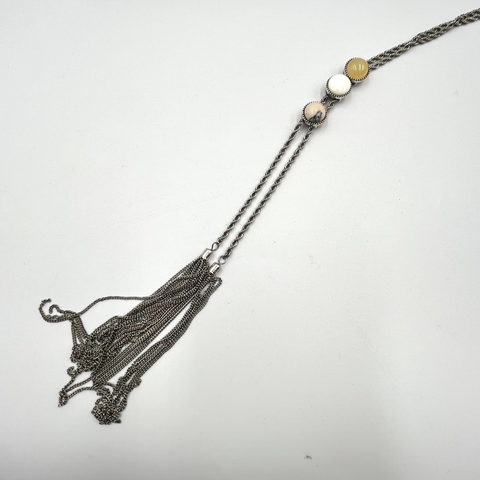 Vintage Retro Silver Tone Rope Chain Tassel Lariat Necklace Earth Tone Stones - Thumbnail 3