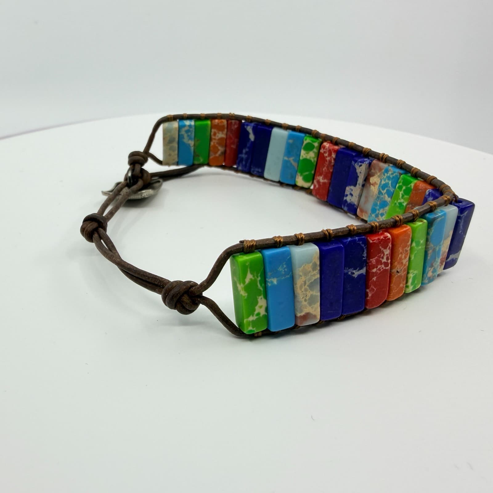 Bracelet Vintage Boho Leather Wrap Multicolor Rainbow Jasper Color Block Bead - Thumbnail 3