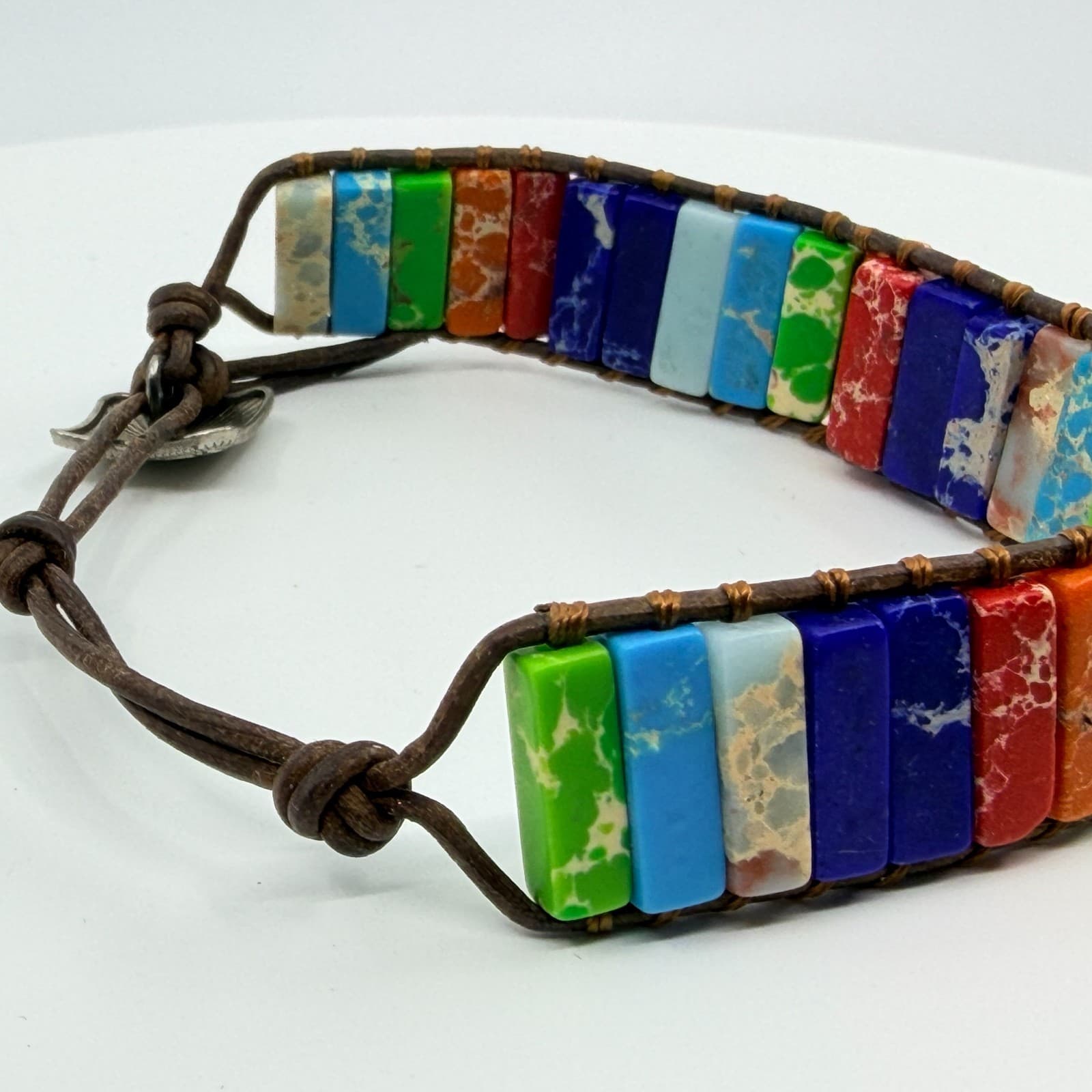 Bracelet Vintage Boho Leather Wrap Multicolor Rainbow Jasper Color Block Bead - Thumbnail 6