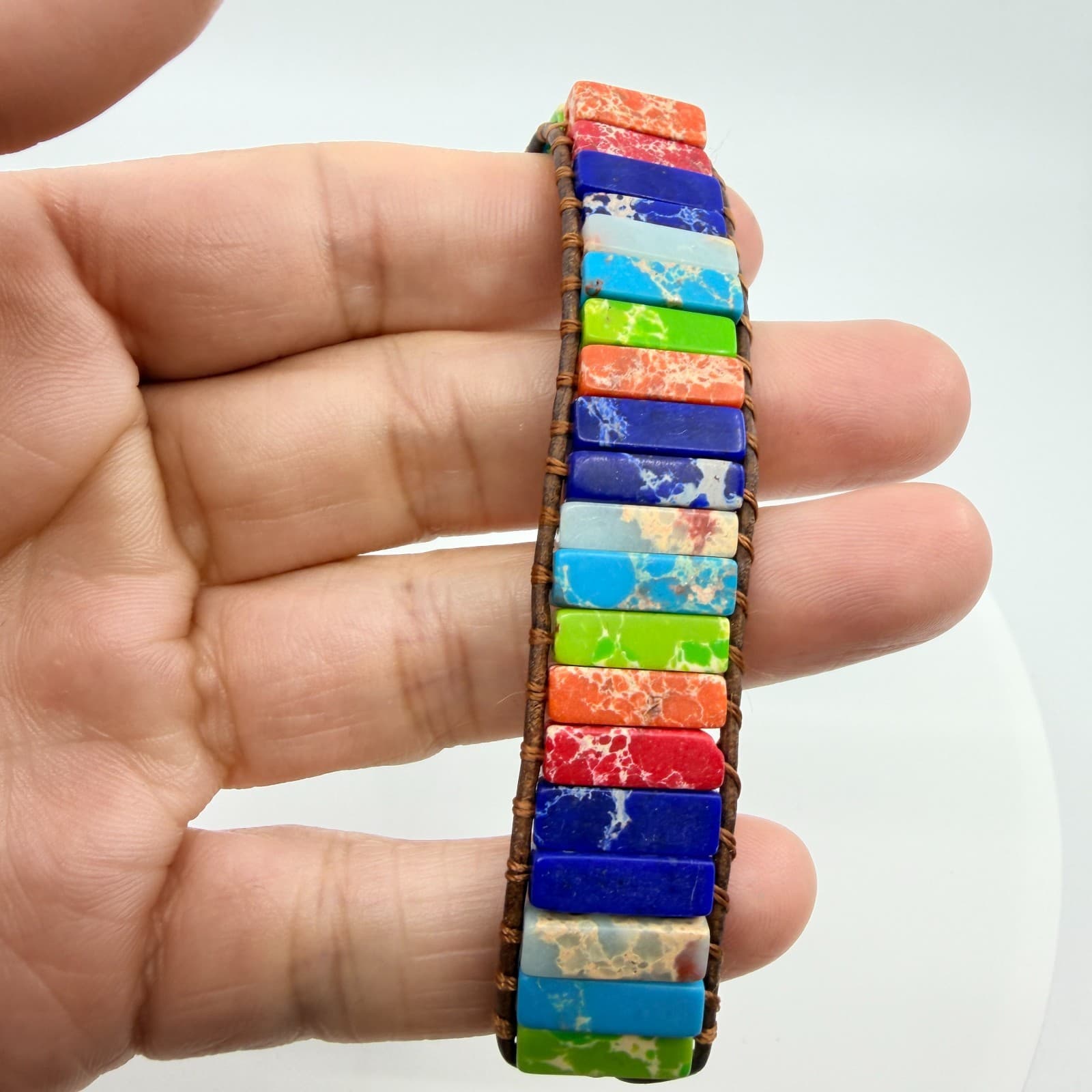 Bracelet Vintage Boho Leather Wrap Multicolor Rainbow Jasper Color Block Bead - Thumbnail 7