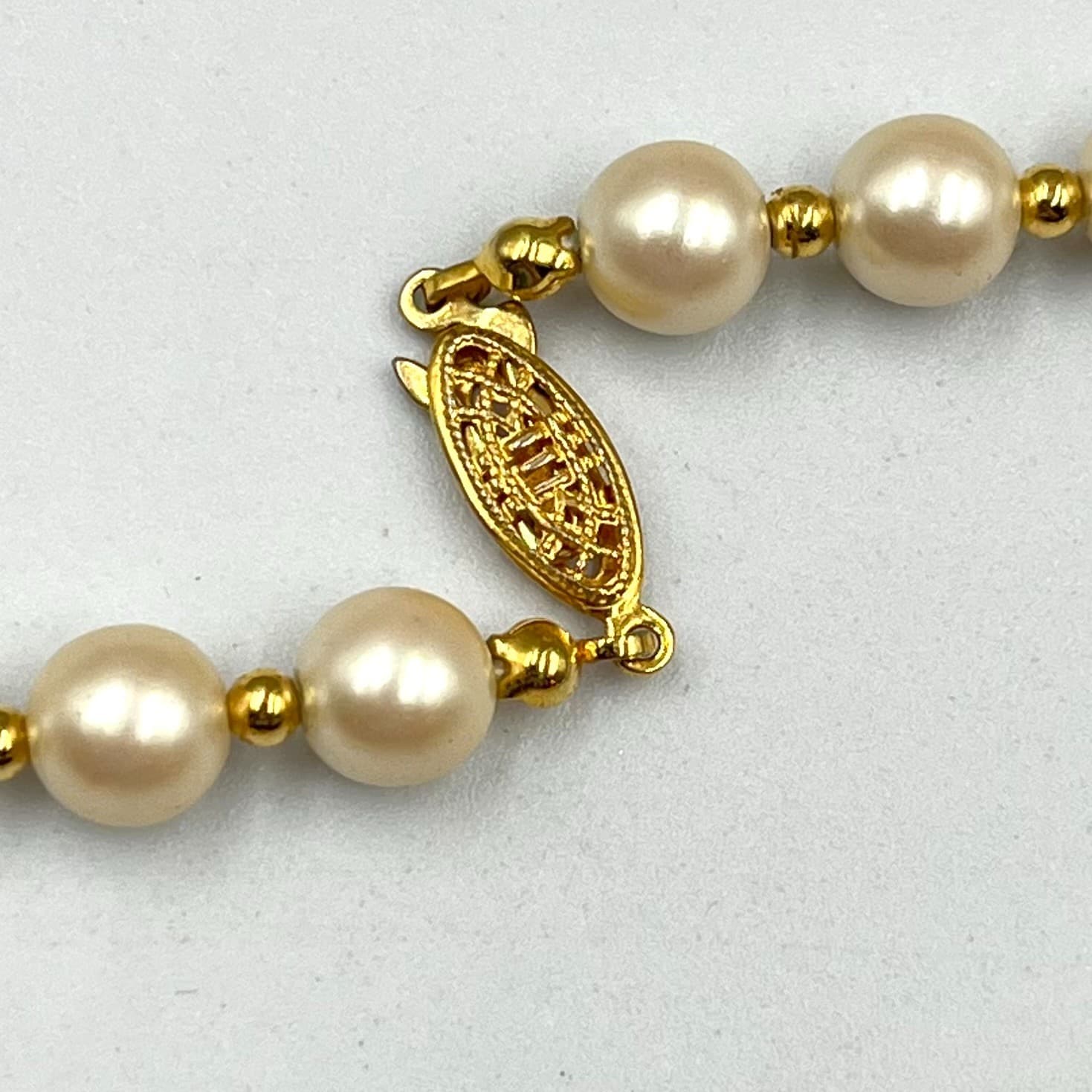 Vintage Cream Faux Pearl Necklace Gold Tone Spacer Beads German Silver Classic - Thumbnail 3
