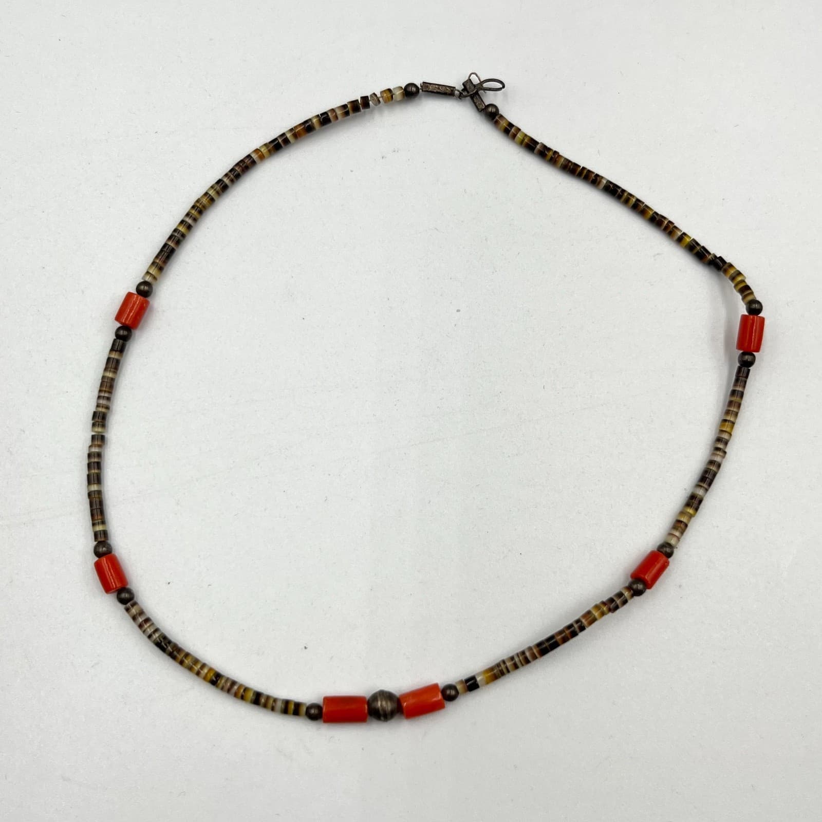 Vintage Heishi Bead Choker Necklace Red Coral Silver Tone Southwestern Boho 70s - Thumbnail 2