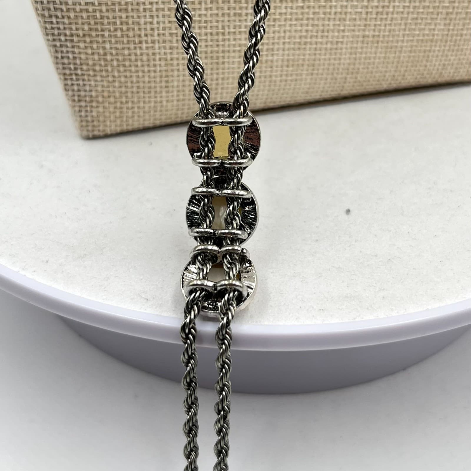 Vintage Retro Silver Tone Rope Chain Tassel Lariat Necklace Earth Tone Stones - Thumbnail 2