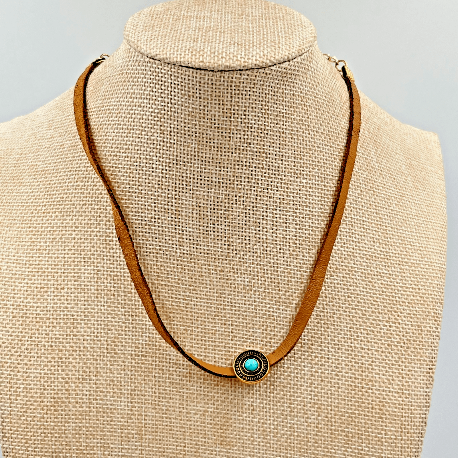 Vintage Boho Brown Faux Leather Choker Necklace Turquoise Stone Gold Tone 80s