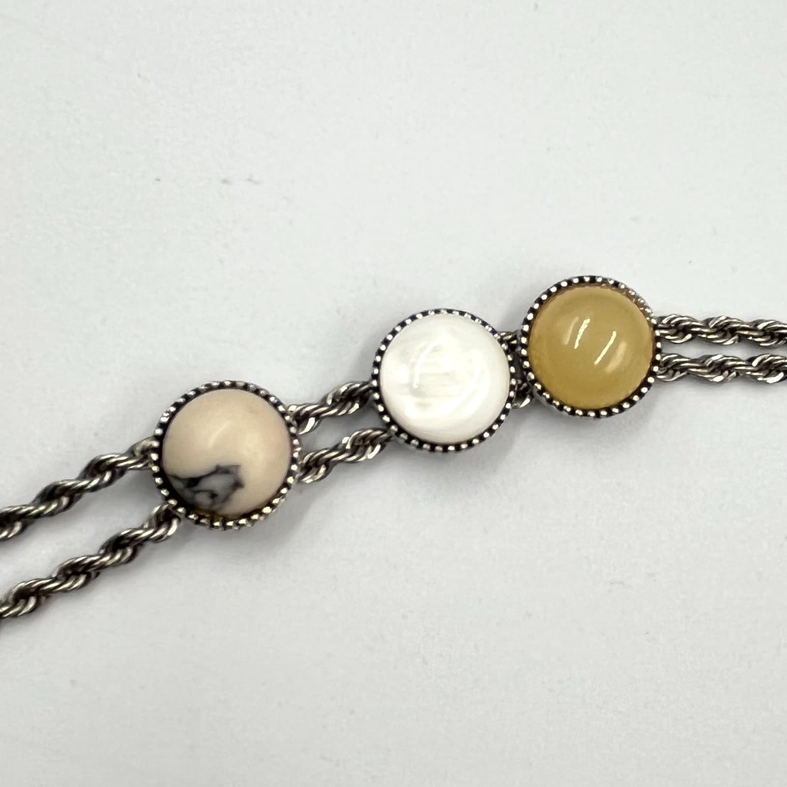 Vintage Retro Silver Tone Rope Chain Tassel Lariat Necklace Earth Tone Stones - Thumbnail 5