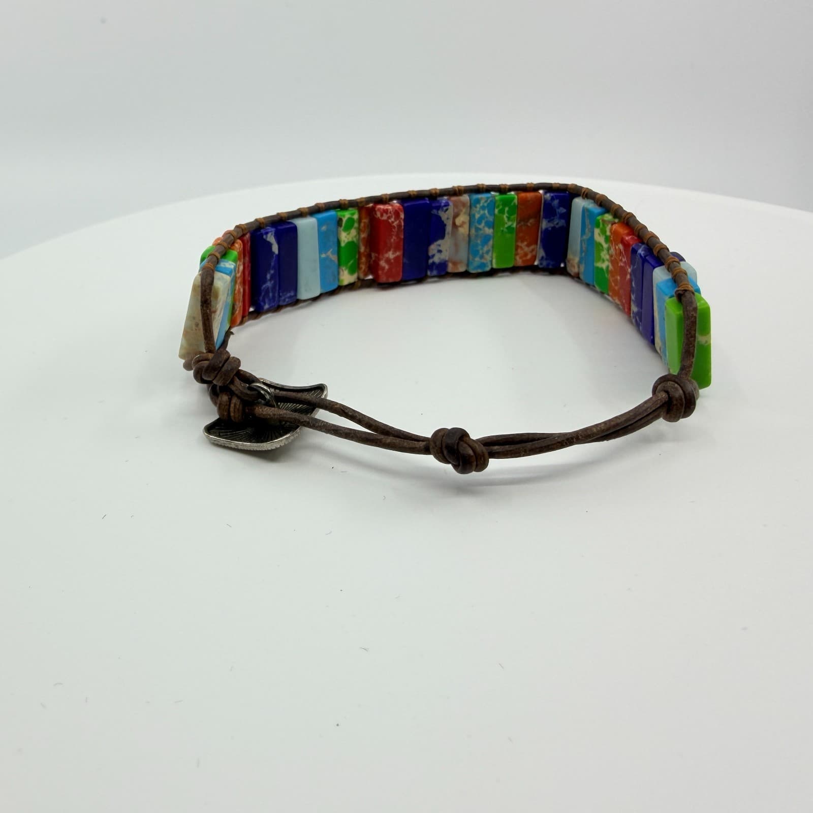 Bracelet Vintage Boho Leather Wrap Multicolor Rainbow Jasper Color Block Bead - Thumbnail 4