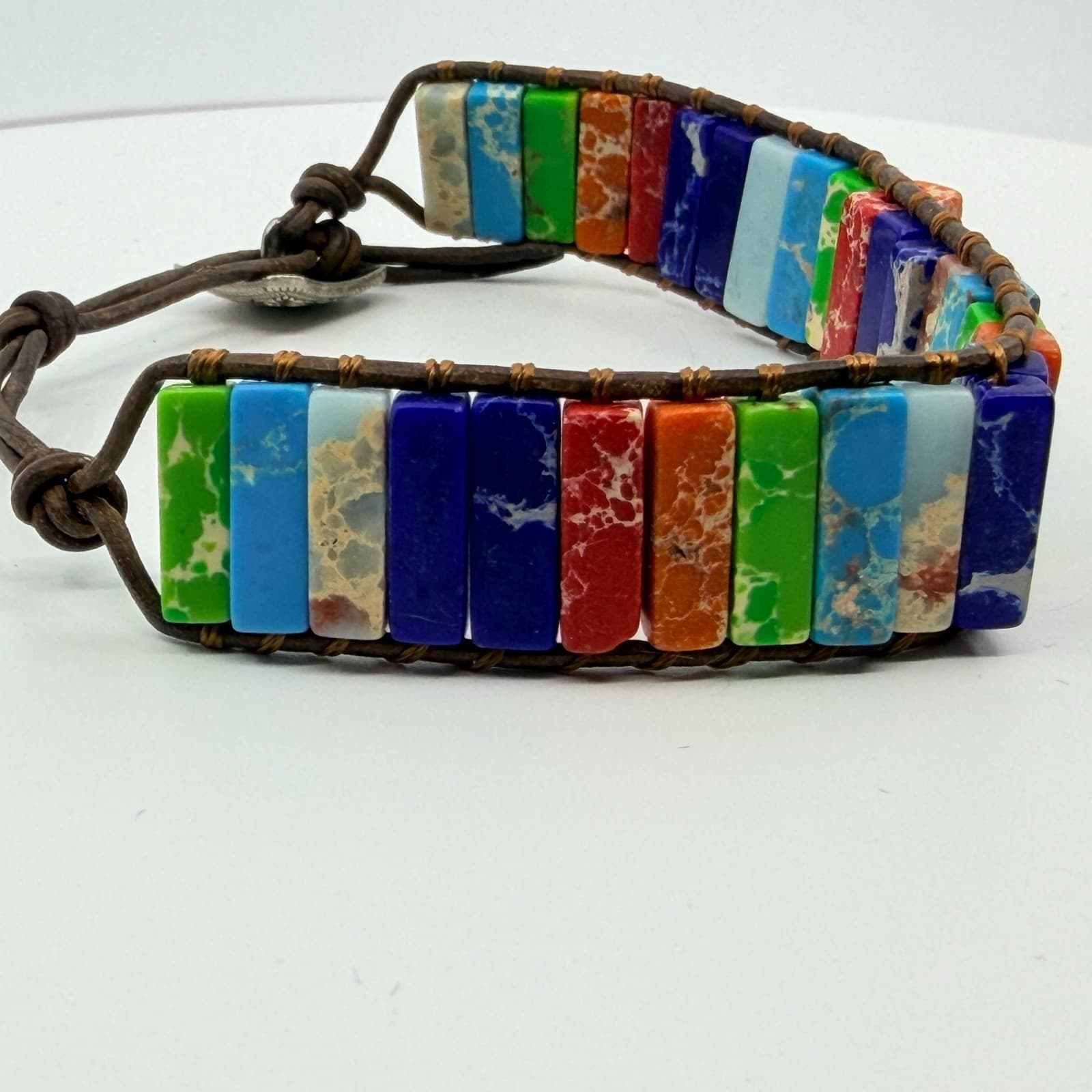 Bracelet Vintage Boho Leather Wrap Multicolor Rainbow Jasper Color Block Bead - Thumbnail 5