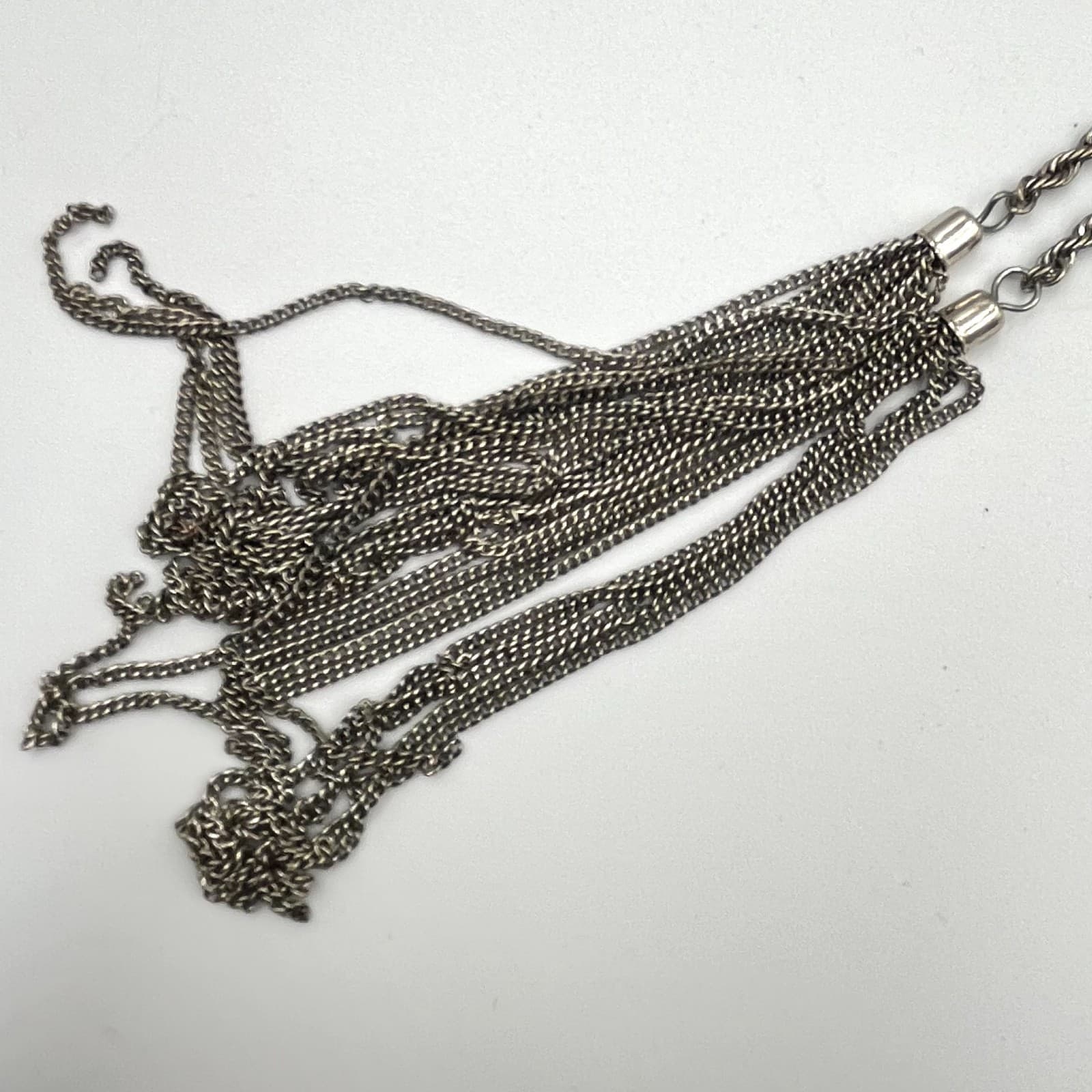 Vintage Retro Silver Tone Rope Chain Tassel Lariat Necklace Earth Tone Stones - Thumbnail 4