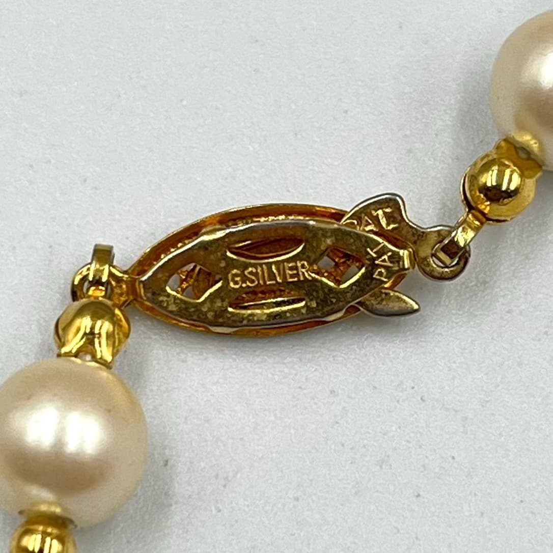Vintage Cream Faux Pearl Necklace Gold Tone Spacer Beads German Silver Classic - Thumbnail 4