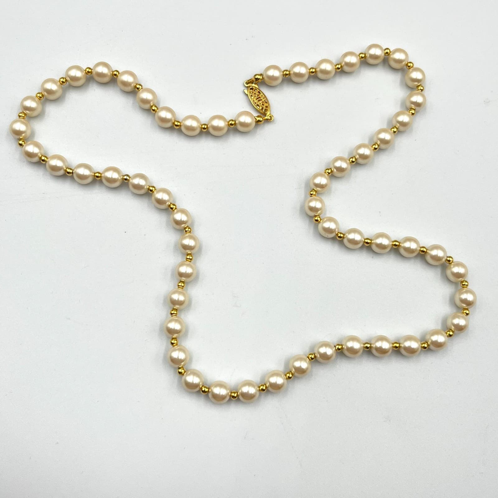 Vintage Cream Faux Pearl Necklace Gold Tone Spacer Beads German Silver Classic - Thumbnail 2