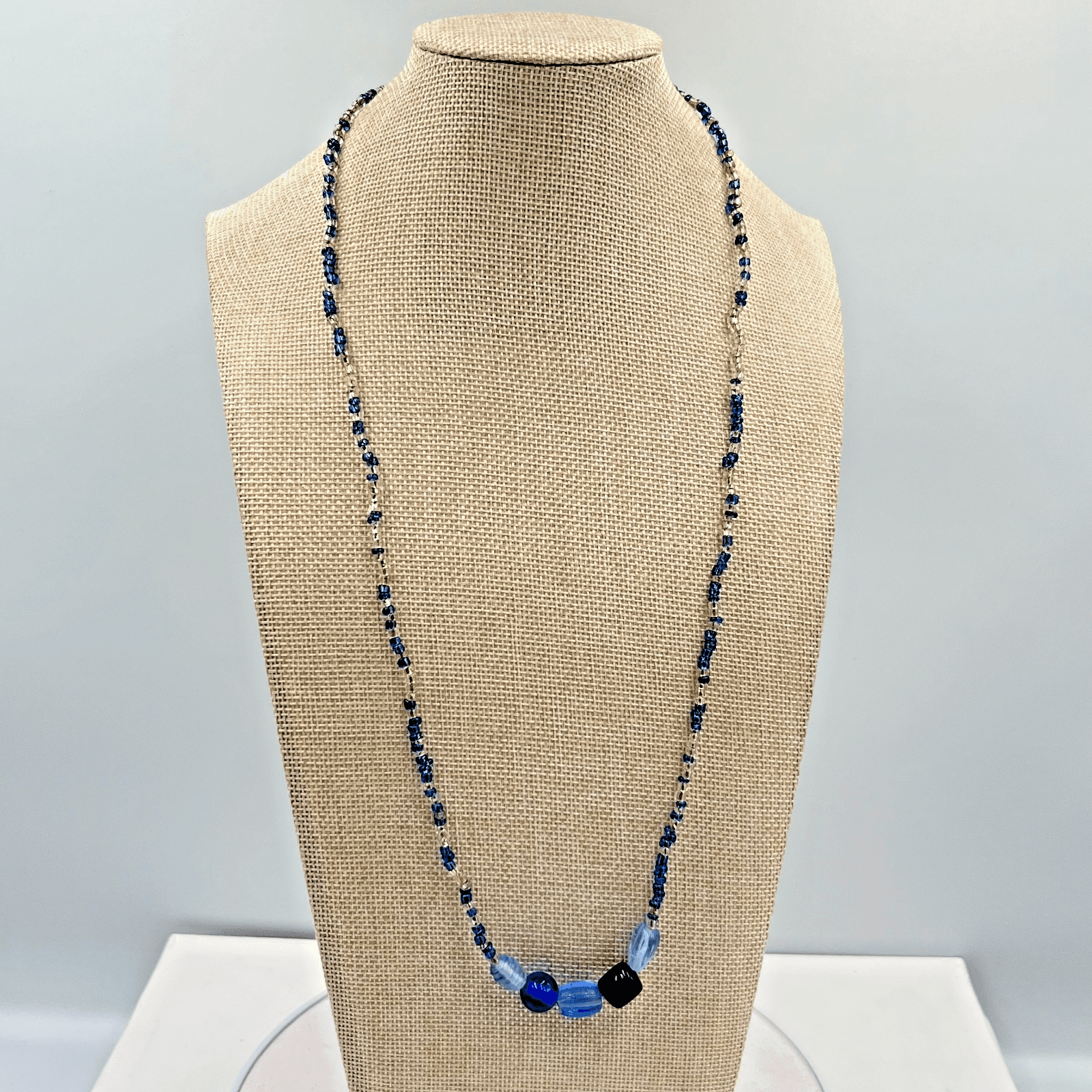 Vintage Boho Blue Glass Seed Bead Long Strand Necklace - Y2K Retro Classic