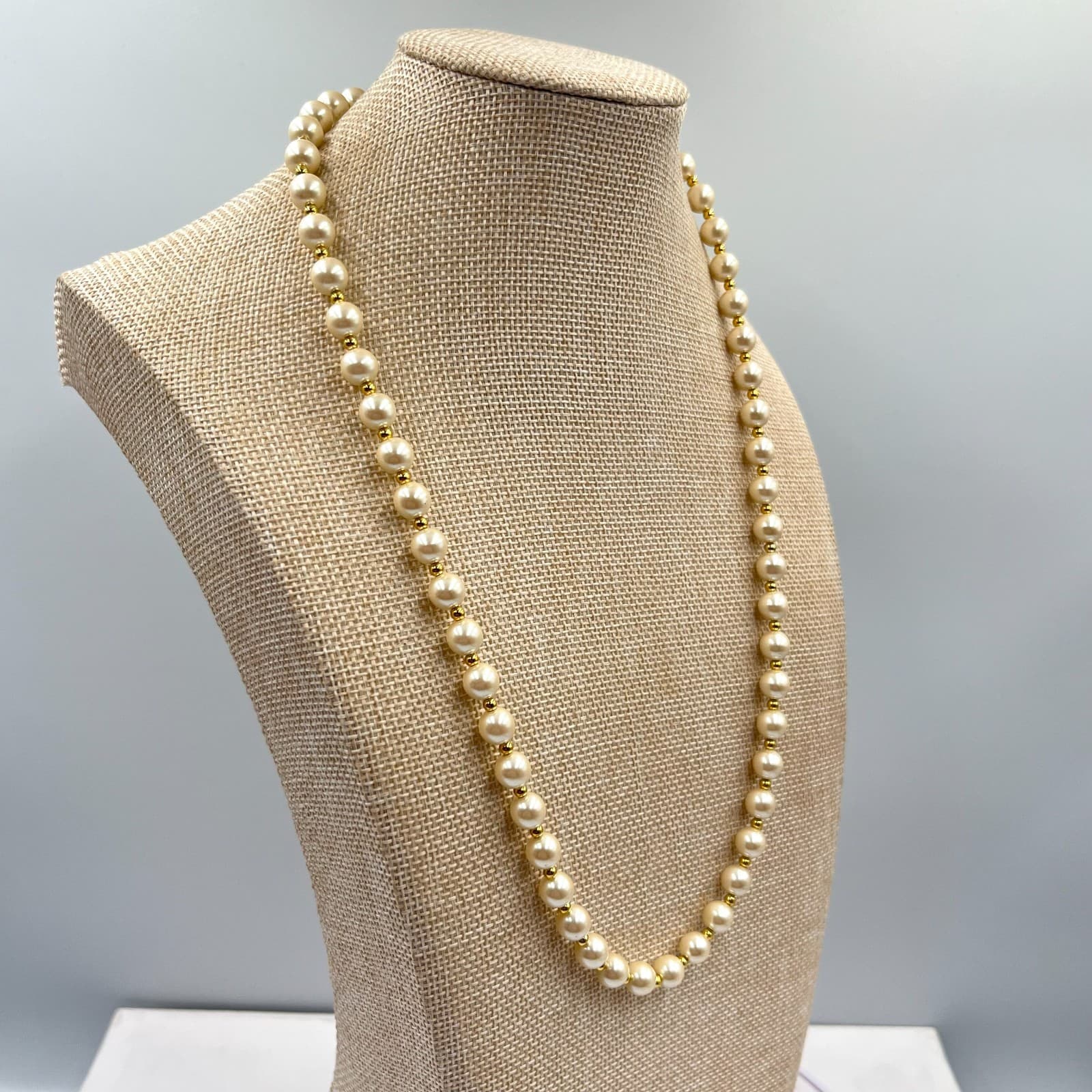 Vintage Cream Faux Pearl Necklace Gold Tone Spacer Beads German Silver Classic - Thumbnail 6