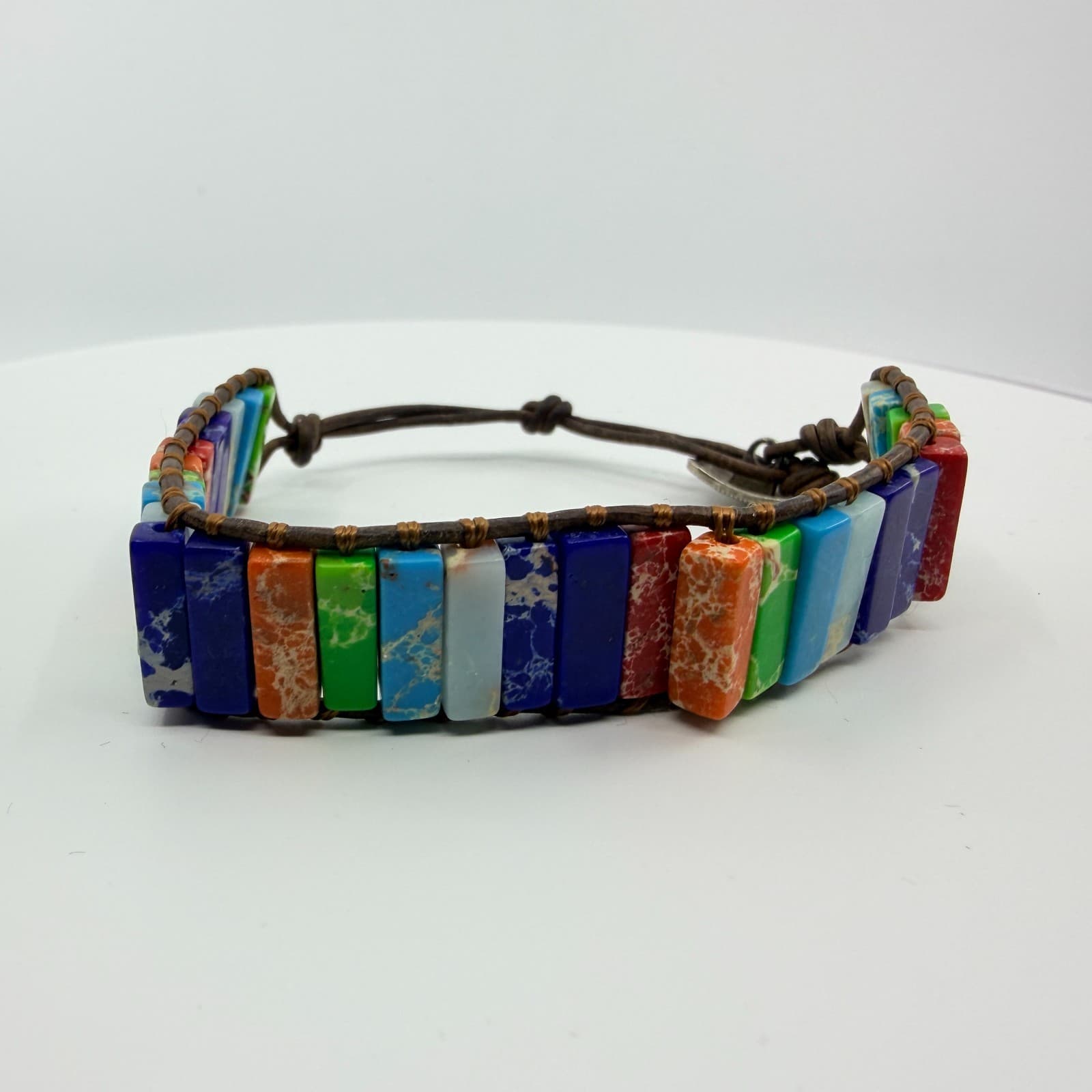 Bracelet Vintage Boho Leather Wrap Multicolor Rainbow Jasper Color Block Bead - Thumbnail 2