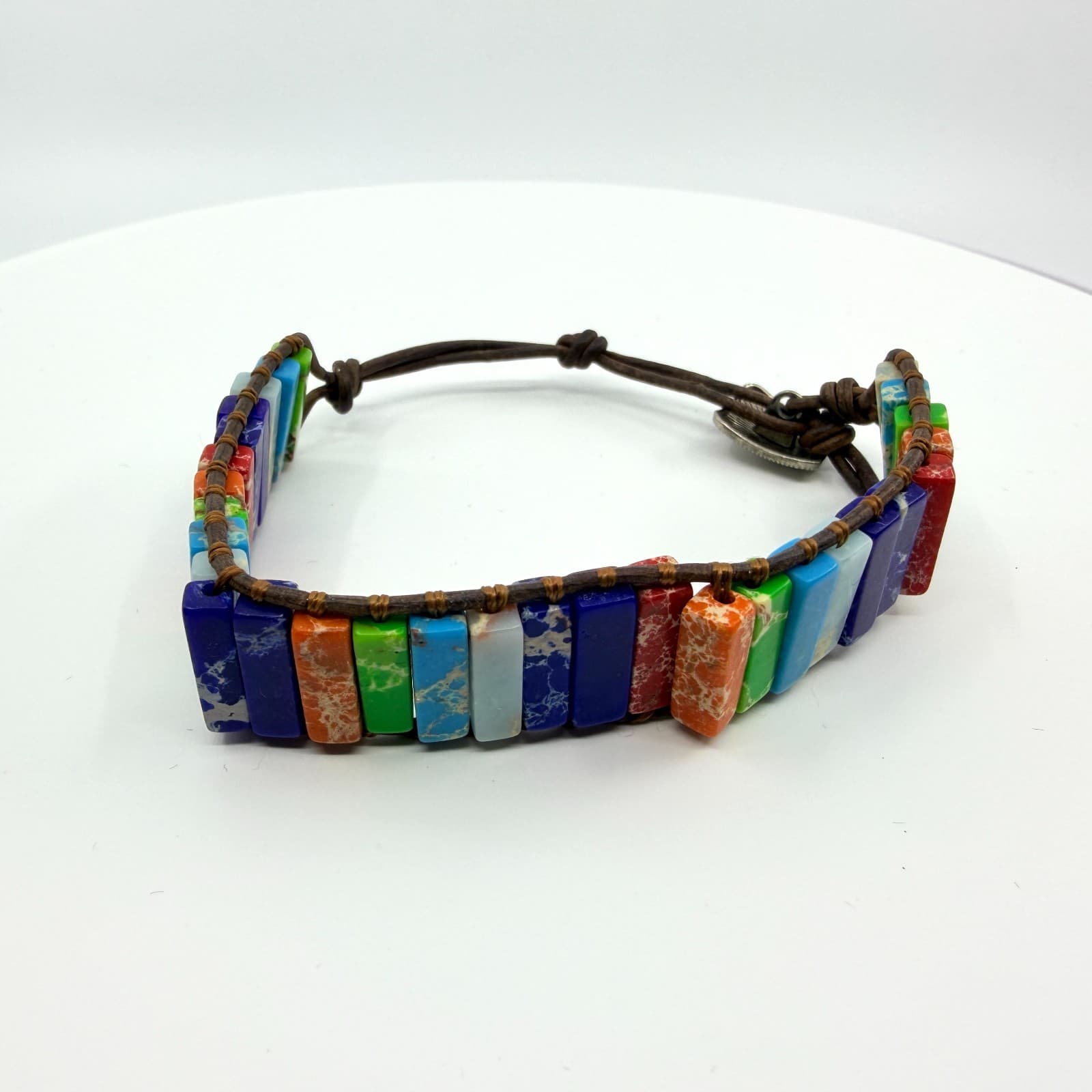 Bracelet Vintage Boho Leather Wrap Multicolor Rainbow Jasper Color Block Bead