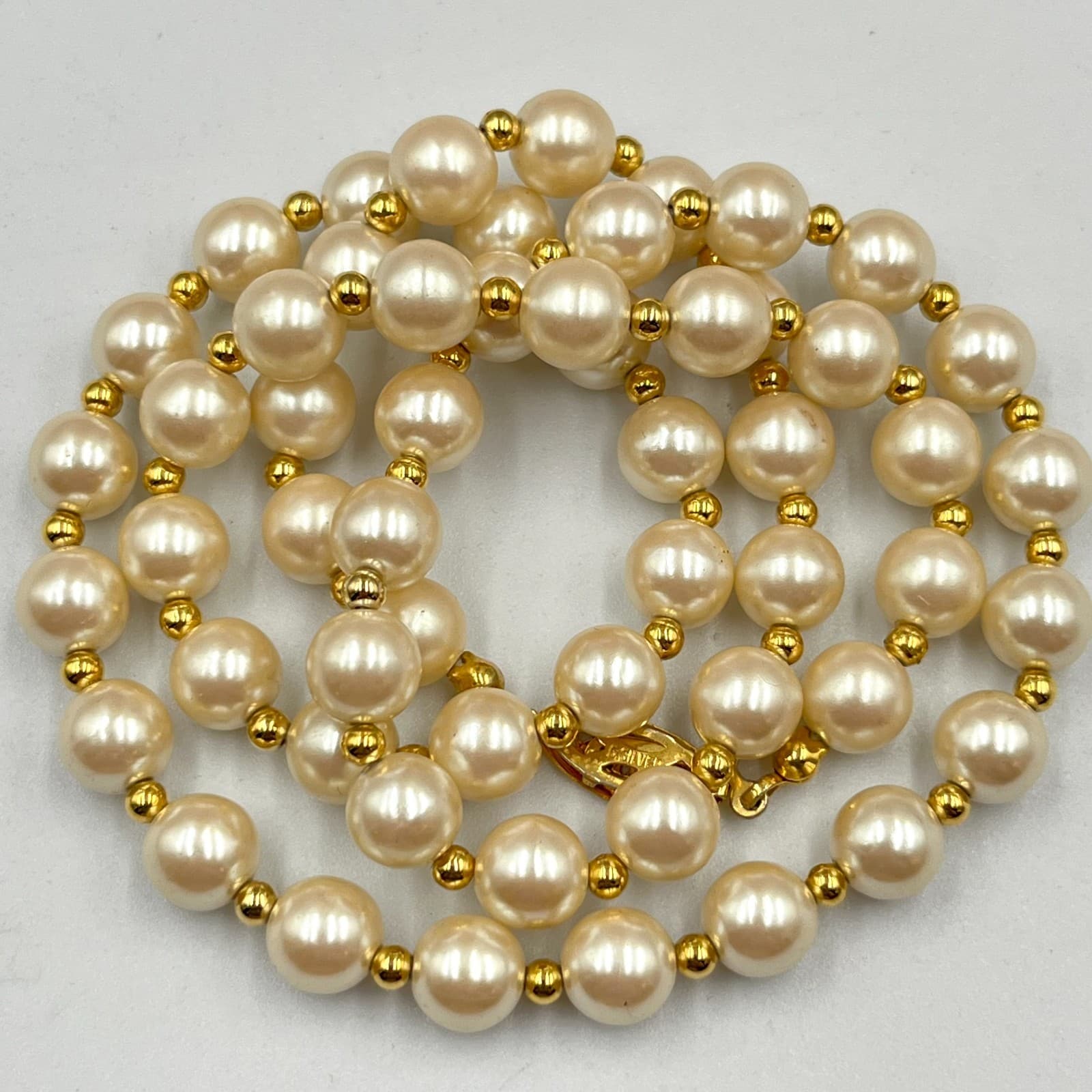 Vintage Cream Faux Pearl Necklace Gold Tone Spacer Beads German Silver Classic - Thumbnail 5