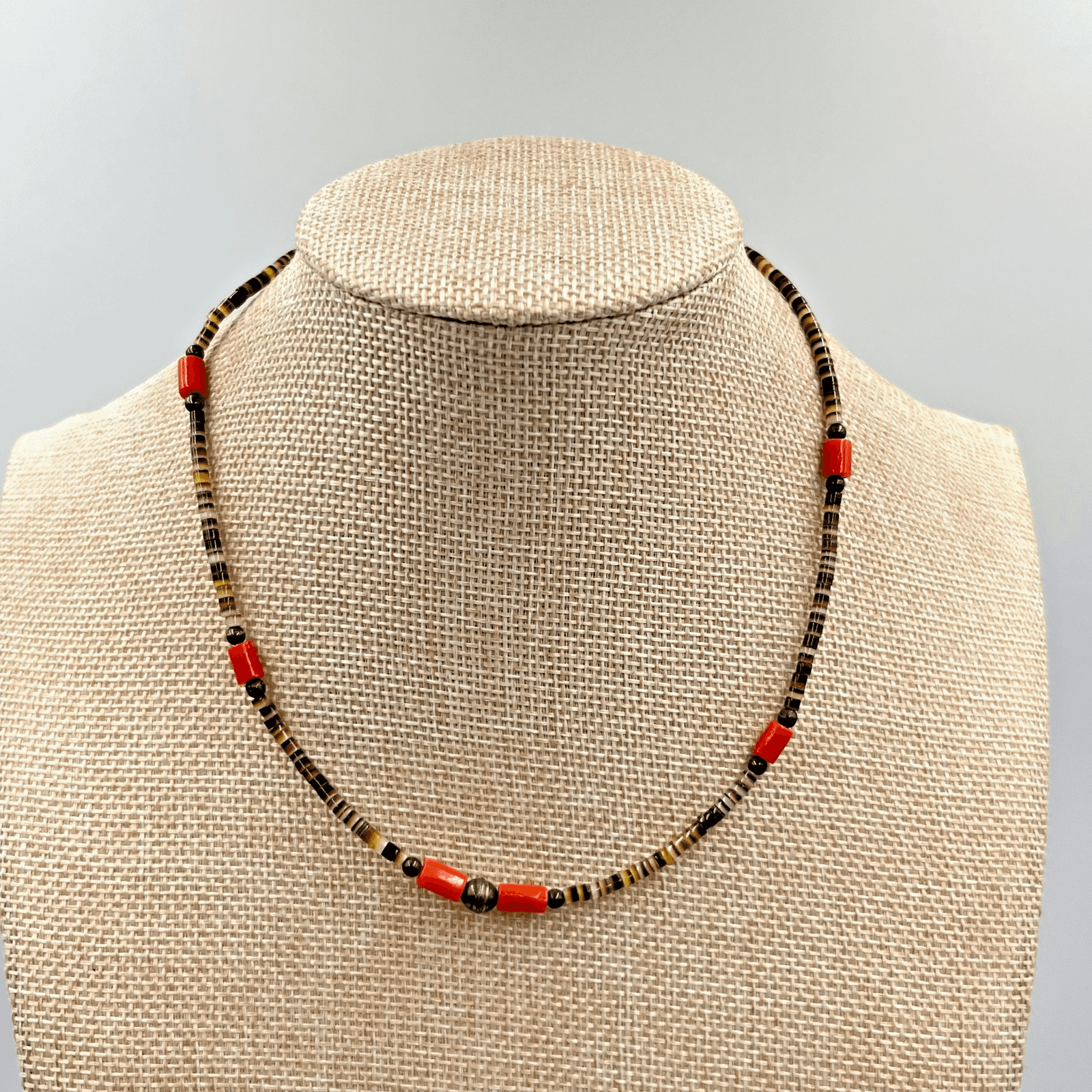 Vintage Heishi Bead Choker Necklace Red Coral Silver Tone Southwestern Boho 70s