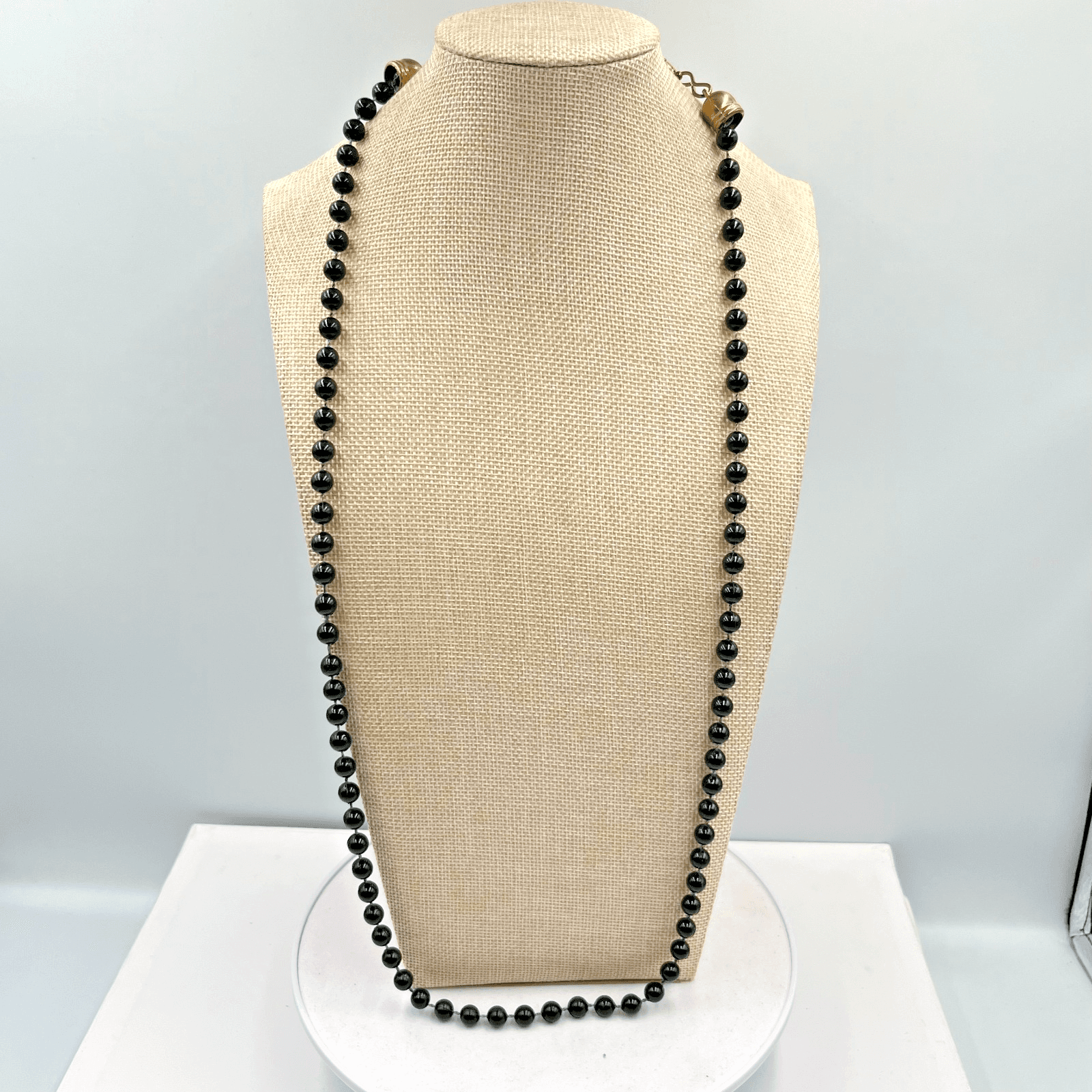 Vintage Jet Black Beaded Strand Necklace Gold Tone Adjustable - Retro Boho