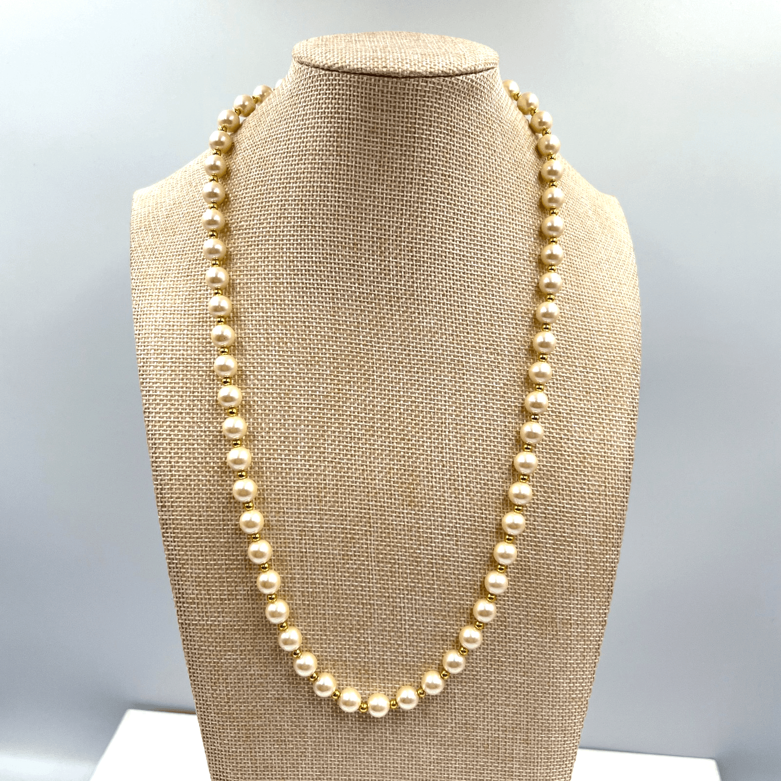 Vintage Cream Faux Pearl Necklace Gold Tone Spacer Beads German Silver Classic