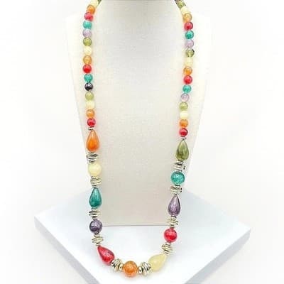 Vintage Long multi color bead necklace gold-tone spacers Teardrop 30 Inch