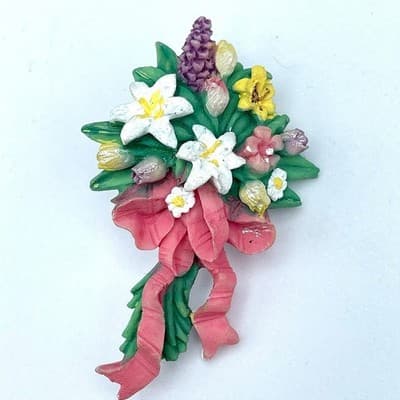 Vintage Enamel Gardener Girl Brooch Gold Tone Cute Spring Whimsical
