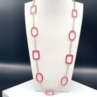 Vintage Silver-tone chain necklace with hot pink enamel rectangular & oval links