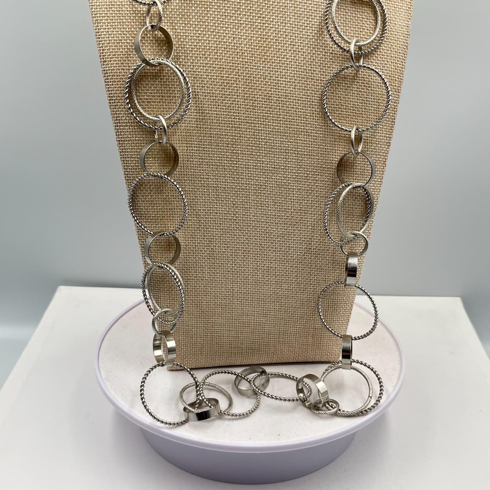 VTG New York & Co. Silver Tone Mixed Textured Multi-Ring Statement Necklace Long - Thumbnail 6